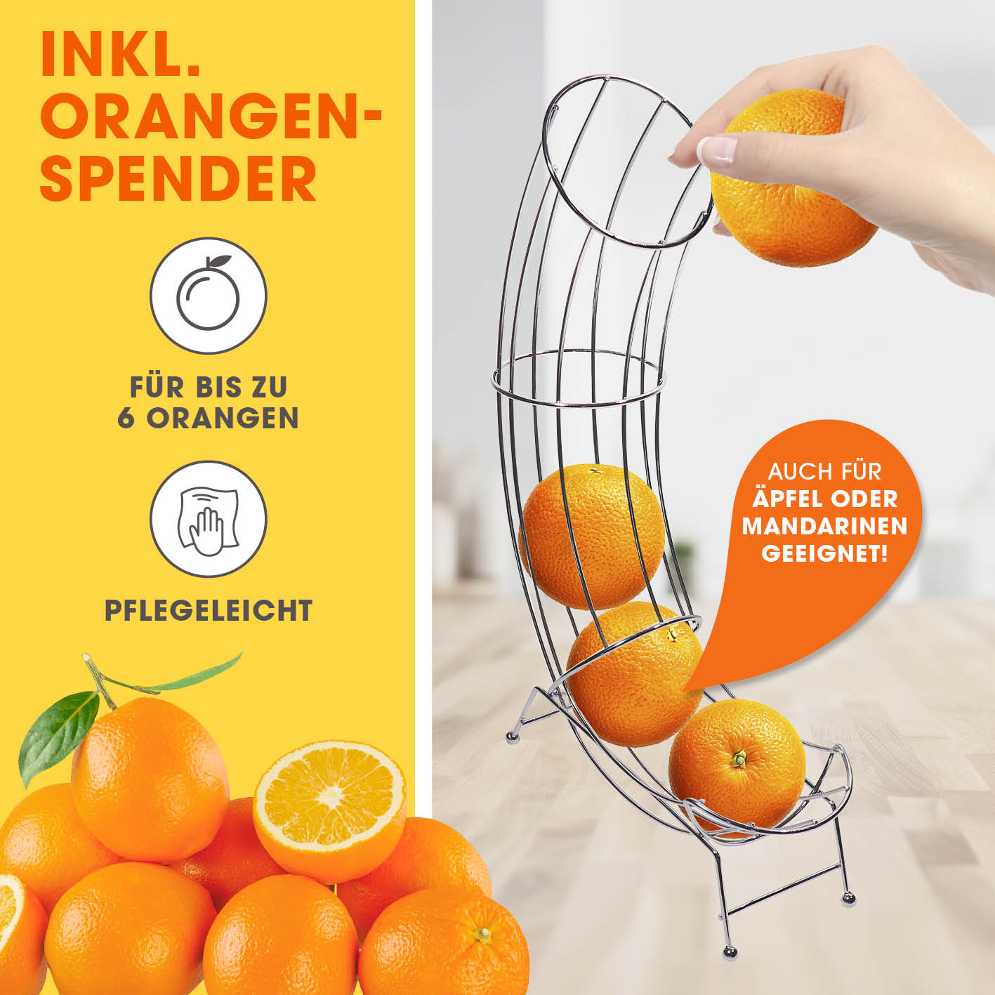 Set Saftpresse & Orangenspender - Schwarz/Silber mit Orangenhalter für bis zu 6 Orangen, pflegeleicht und vielseitig einsetzbar.