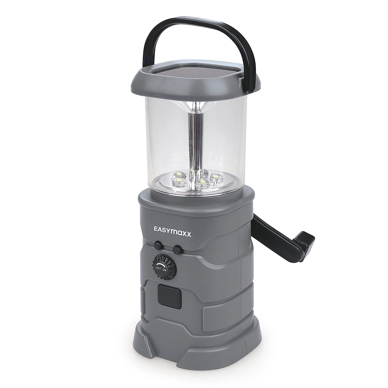 Akku-Lampe mit Radio - Lädt über Solar, Kurbel und USB, mit 5 LEDs, FM-Radio und praktischem Griff zum Aufhängen.
