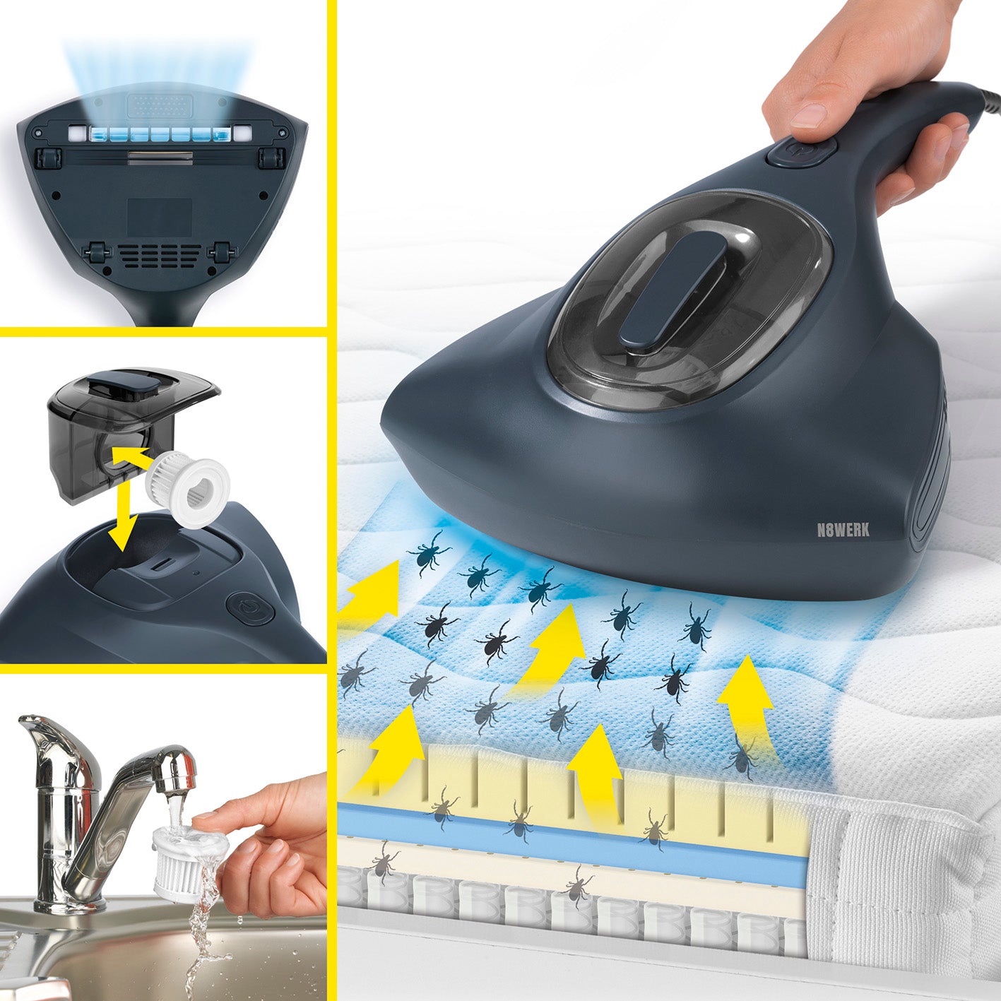 Milbensauger in der Nordic Night Edition mit HEPA-Filter und UV-C-Licht zur hygienischen Matratzen- und Bettwäsche-Reinigung.