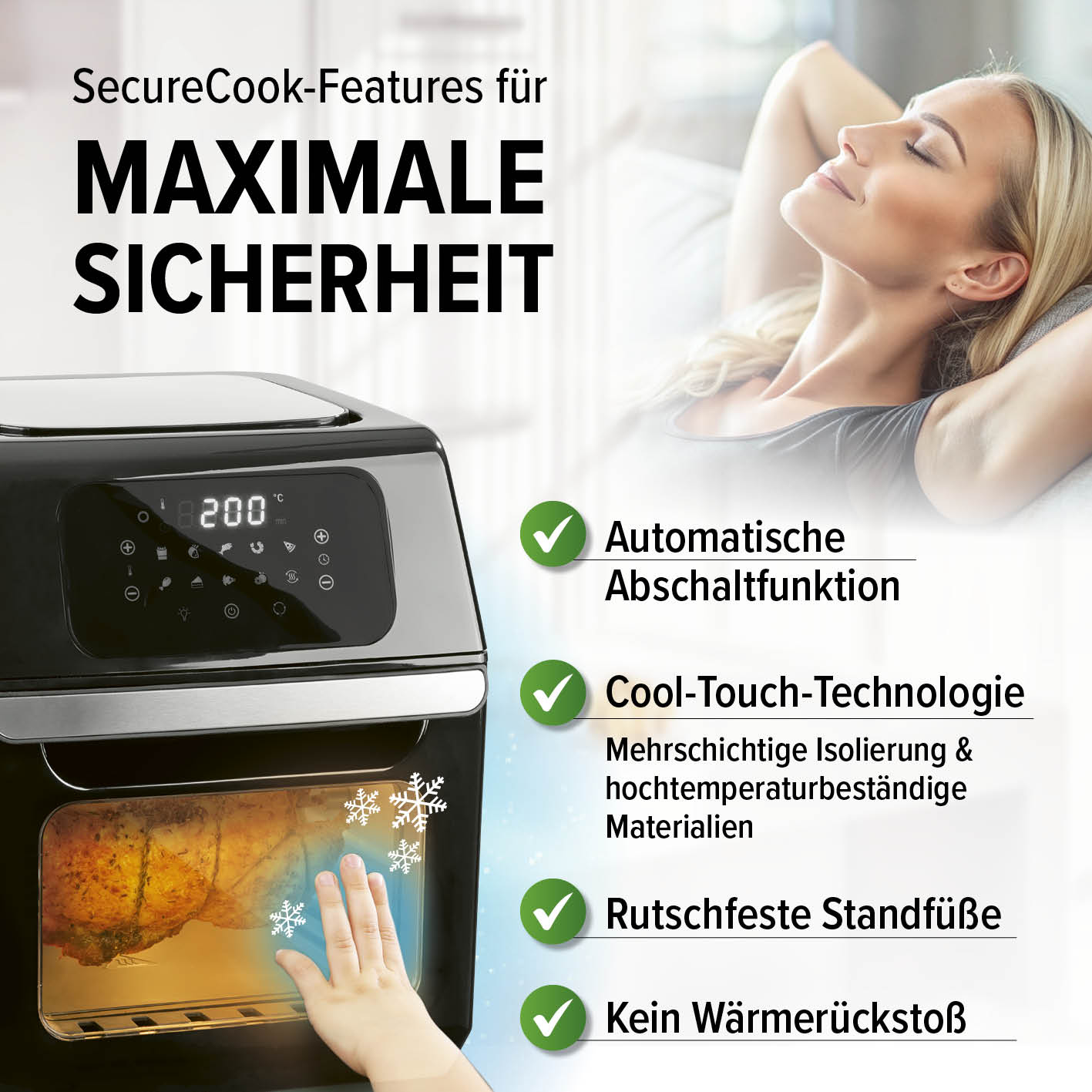 Digitale Heißluftfritteuse - 12 l - Schwarz mit Sicherheitsfunktionen wie Abschaltautomatik, Cool-Touch, rutschfesten Standfüßen und Wärmeschutz.