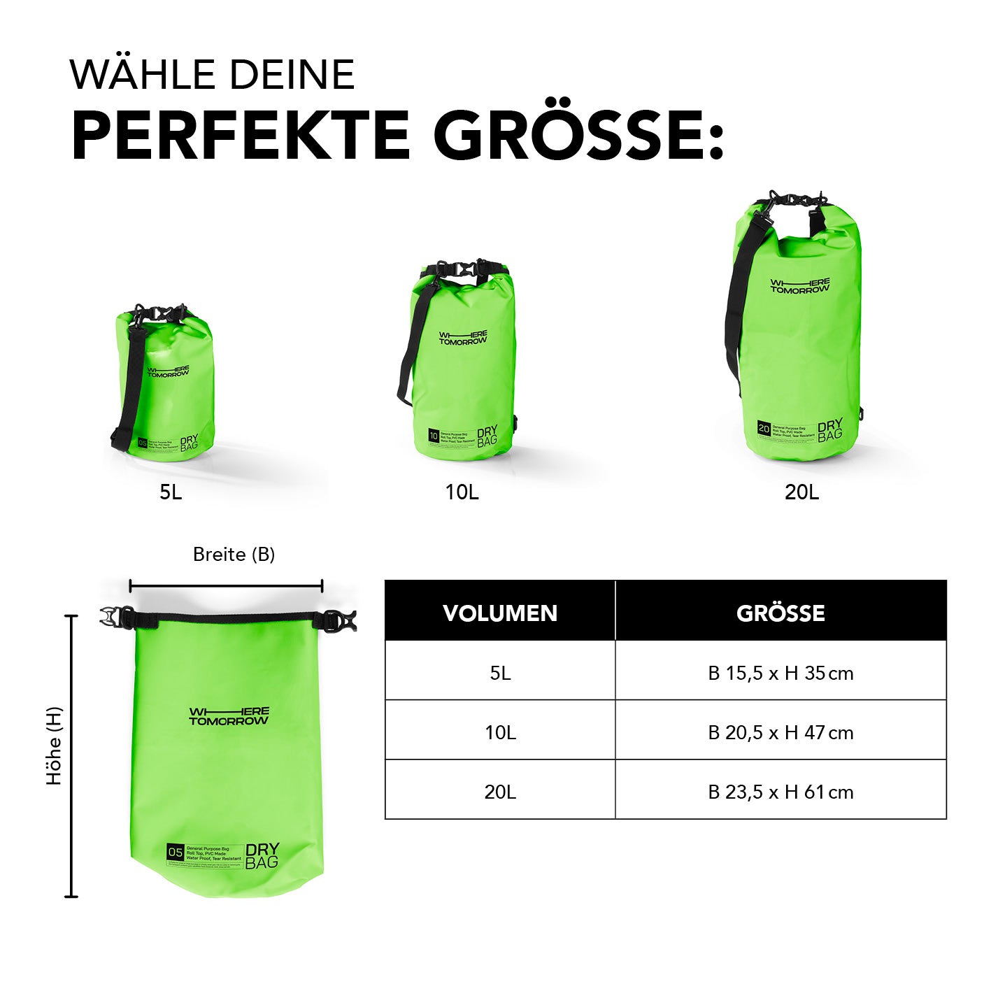 Dry Bag 20L - Grün, wasserdichter, robuster Outdoor-Rucksack mit Rolltop-Verschluss und verstellbarem Schultergurt, ideal für Abenteuer.