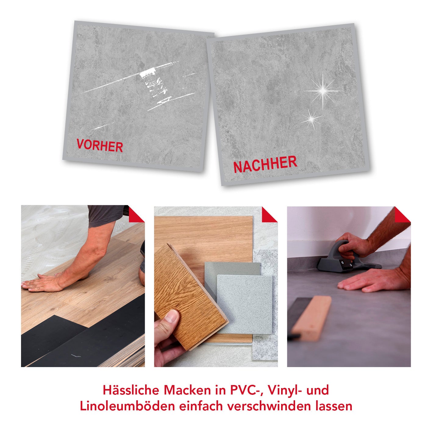 PVC- & Vinyl-Reparaturset - 19-tlg. mit Vorher-Nachher-Effekt zum Ausbessern von PVC-, Vinyl- und Linoleumböden.