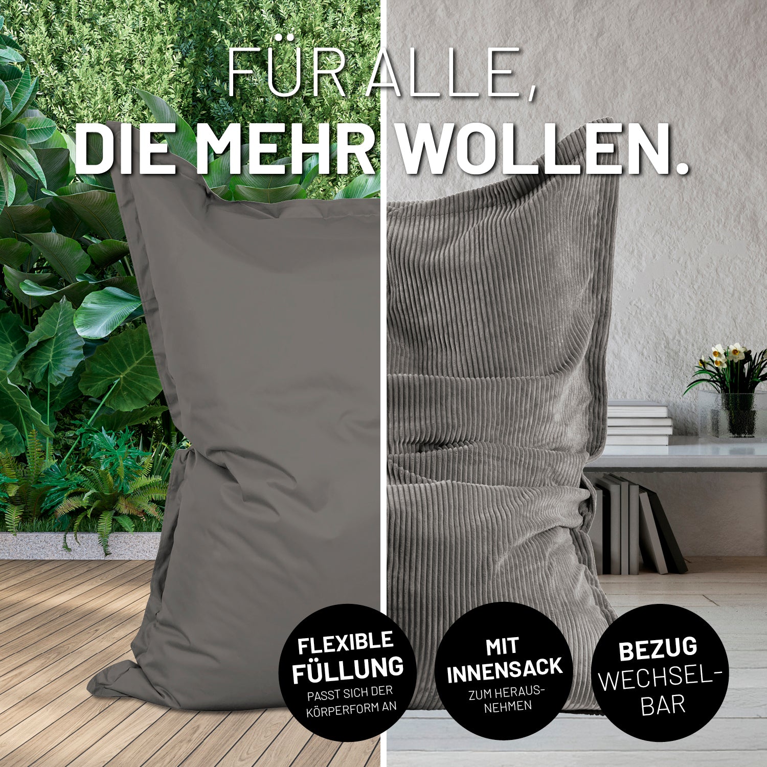 Sitzsack Classic XXL All-in-One Set - 380 L - 140 x 180 cm - Grau mit Indoor- und Outdoor-Bezug und flexiblem Innensack.