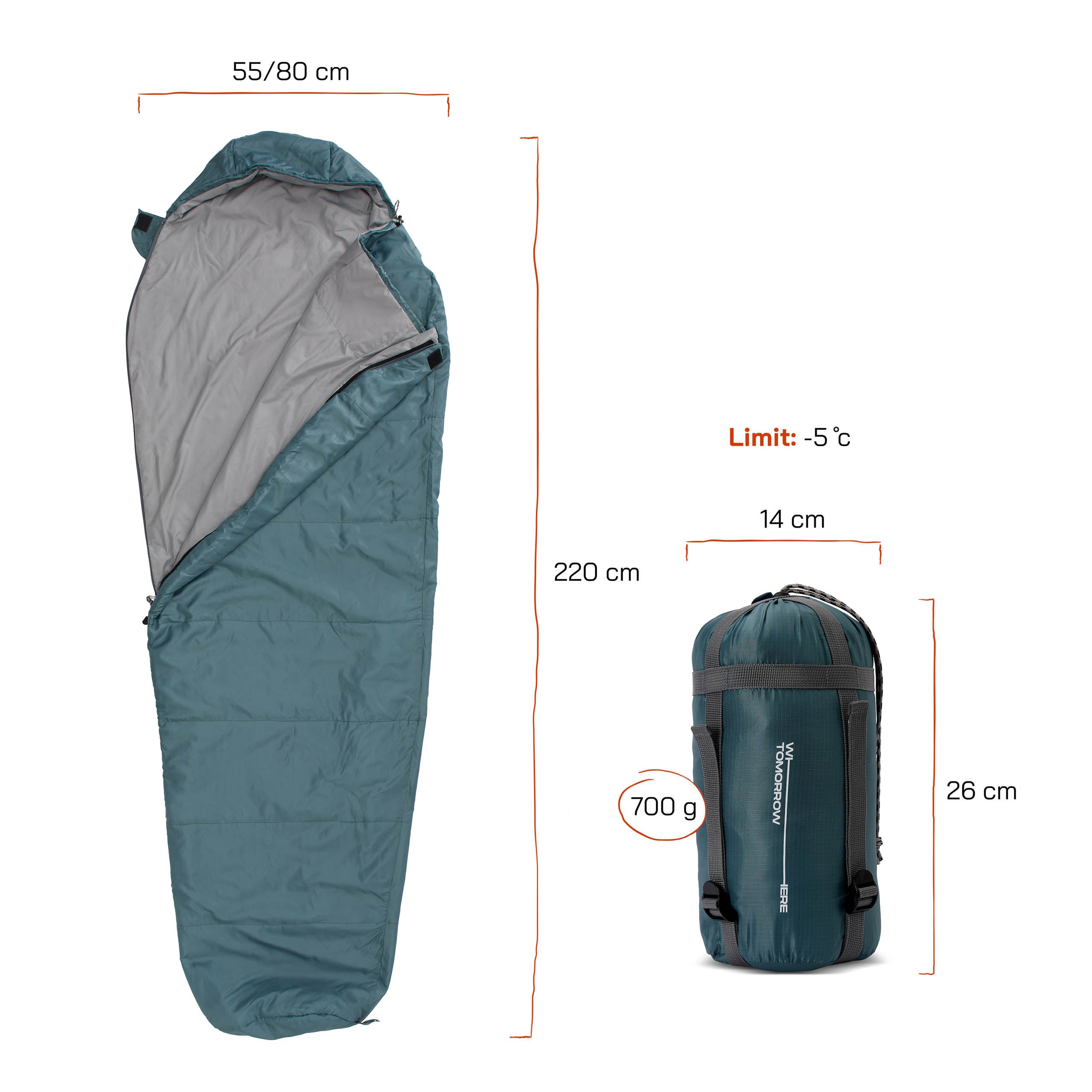 Camping Schlafsack Small & Light - Mumienschlafsack Goblinblau, 220x80x50 cm, wasserabweisend, leicht, mit Packsack und Kissenfach.