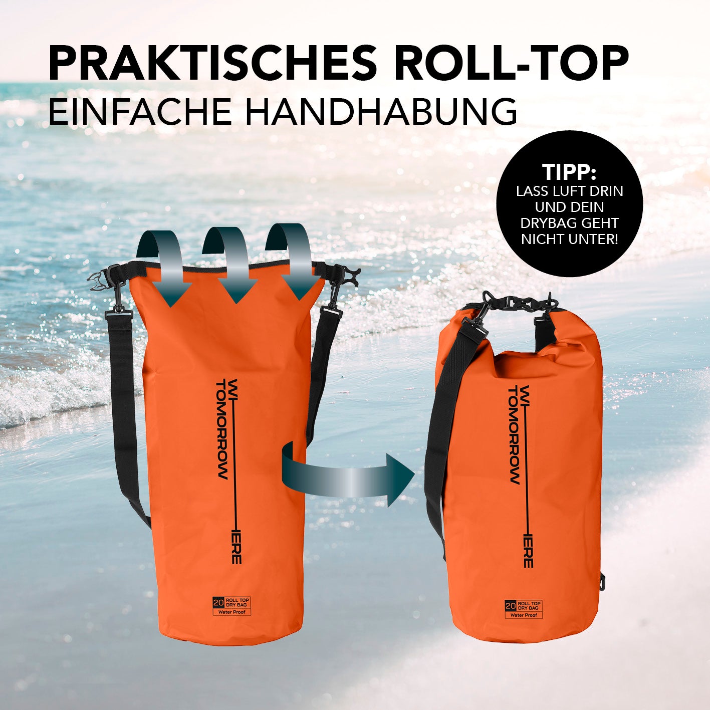 Dry Bag 20L - Style 02 - Orange mit praktischem Rolltop-Verschluss und verstellbarem Schultergurt für wasserdichten Schutz bei Outdoor-Aktivitäten.