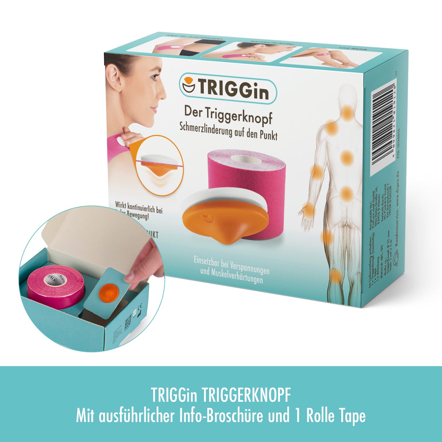 Triggerknopf mit pinkem Tape - 3er-Set zur Schmerzlinderung und Muskelentspannung mit Tape und Info-Broschüre.
