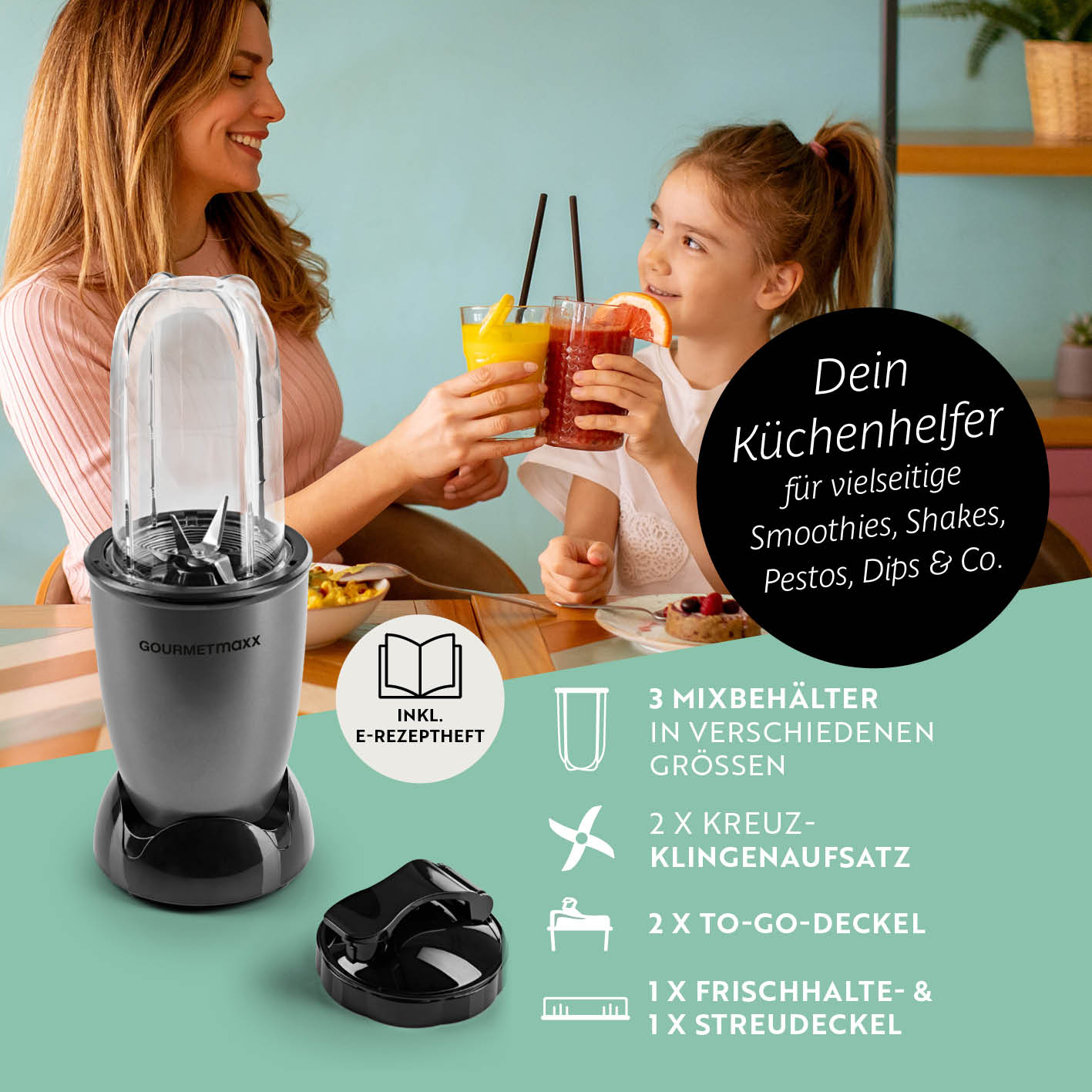 Mr. Magic Power 400 Pro mit Zubehörset L - Anthrazit/Schwarz kompakter Standmixer mit Edelstahl-Kreuzklingenaufsatz und vielseitigem Zubehör.