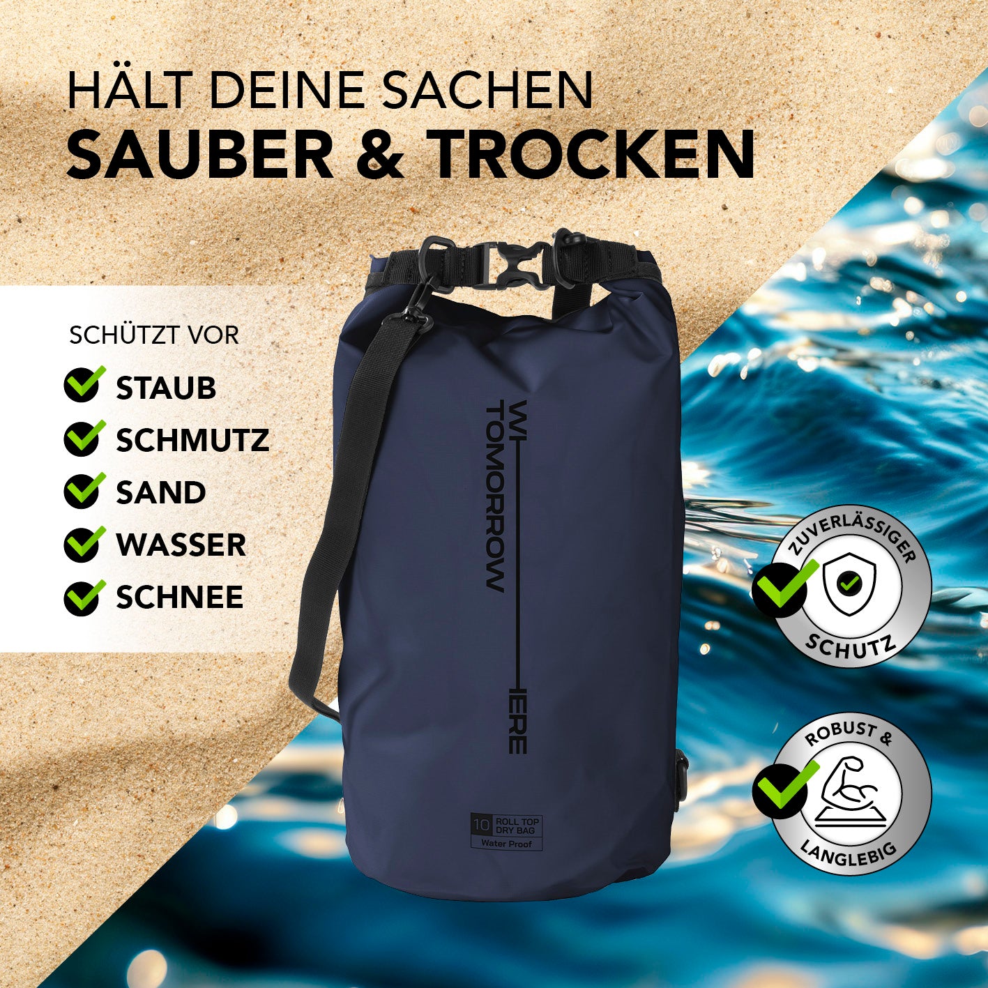 Dry Bag 10L - Style 02 - Dunkelblau schützt vor Staub, Schmutz, Sand, Wasser und Schnee – wasserdicht, robust und langlebig für Outdoor-Abenteuer.