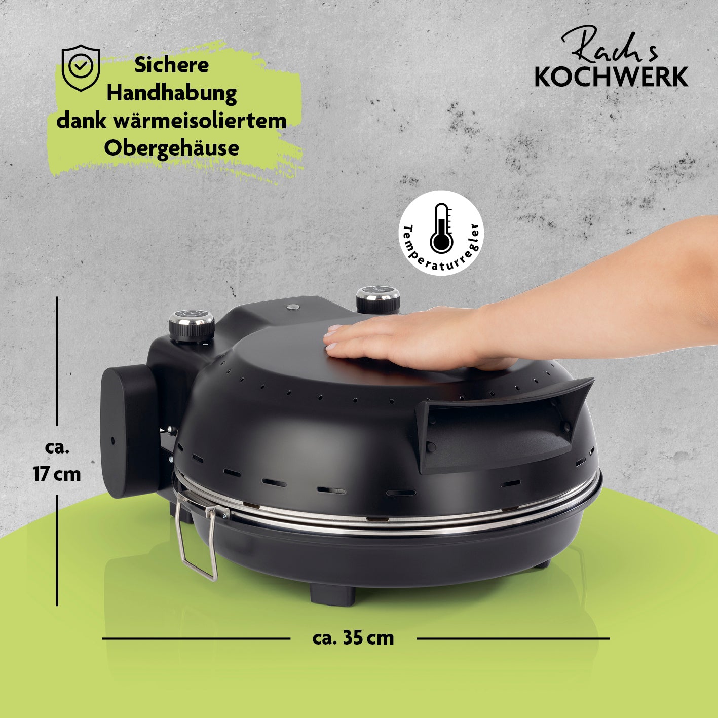 Pizza Maker inkl. herausnehmbarem Pizzastein & Pizza-Heber mit wärmeisoliertem Gehäuse für sichere Handhabung und temperaturgeregeltem Ofen.