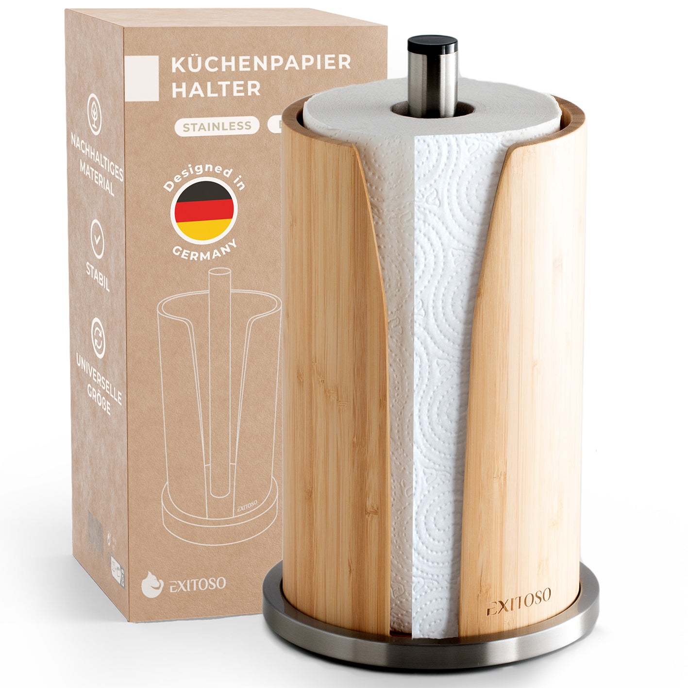 Küchenrollenhalter - Bambus + Edelstahl mit stilvollem Design, langlebig, rostfrei und umweltfreundlich aus nachhaltigem Bambus.
