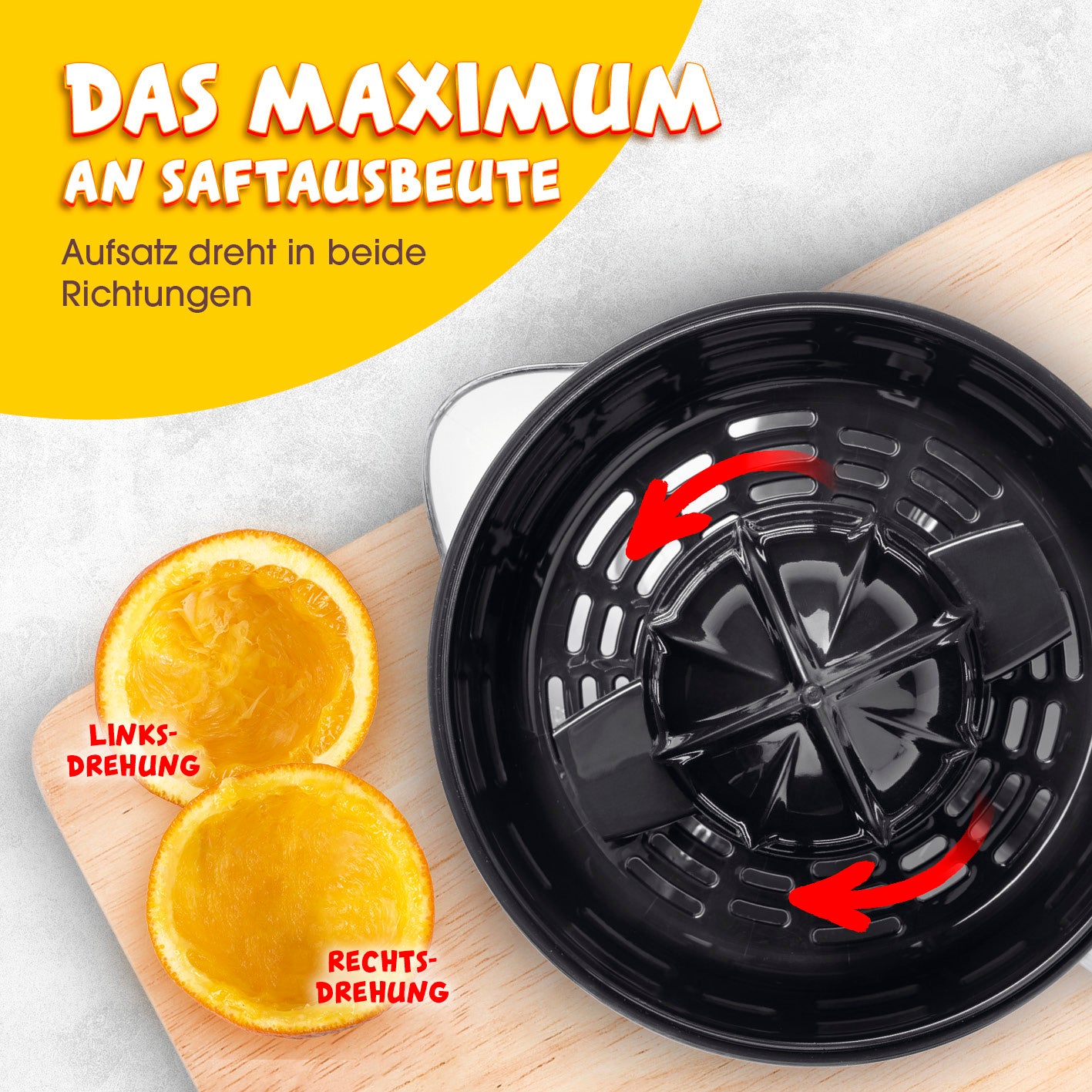 Zitruspresse 0,7l - Edelstahl mit beidseitiger Rotation für maximale Saftausbeute und praktische Fruchtfleischauffangung.