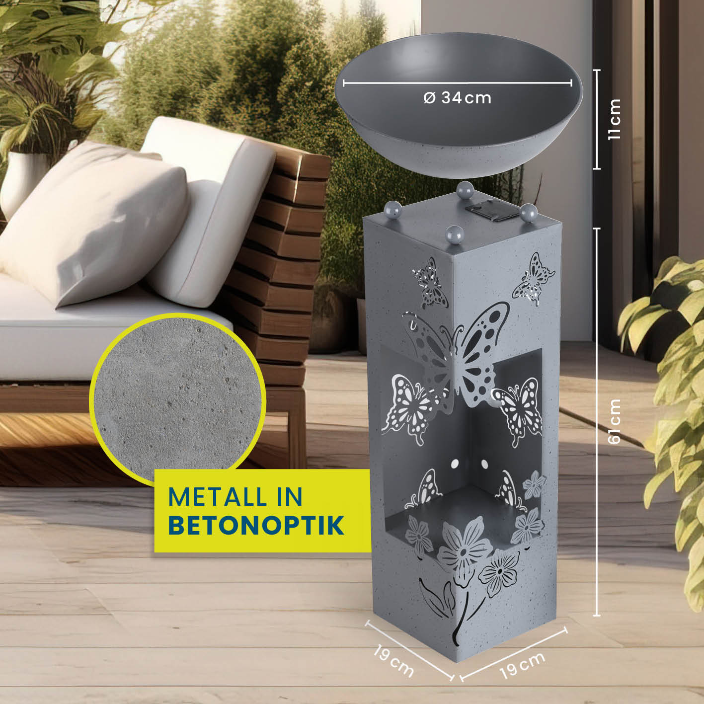 LED Pflanzsäule in 3D Beton-Optik mit Schmetterlingsdesign, LED-Beleuchtung, abnehmbarer Pflanzschale und witterungsbeständig.
