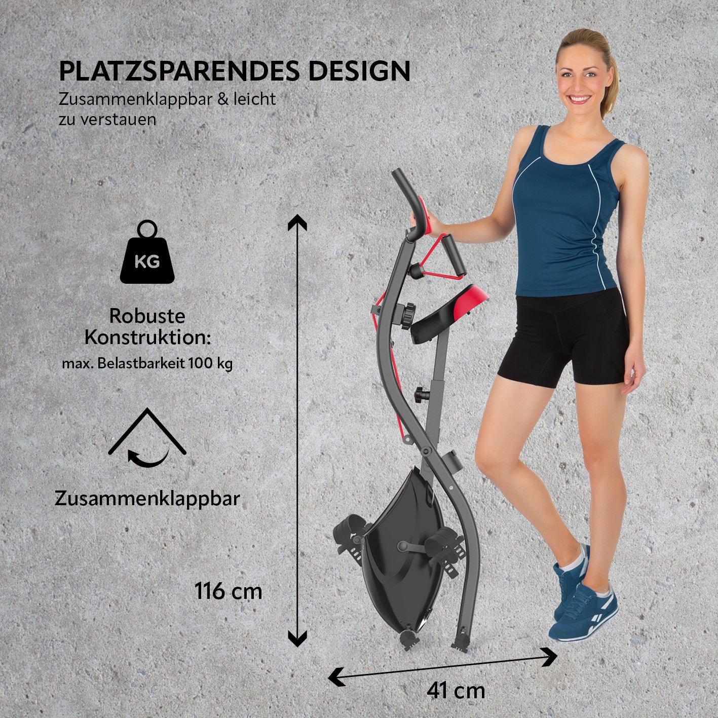 Heimtrainer Fitness Bike mit Expanderbänder, platzsparend, robust, zusammenklappbar, kompakt, max. Belastbarkeit 100 kg, leicht verstaubar.