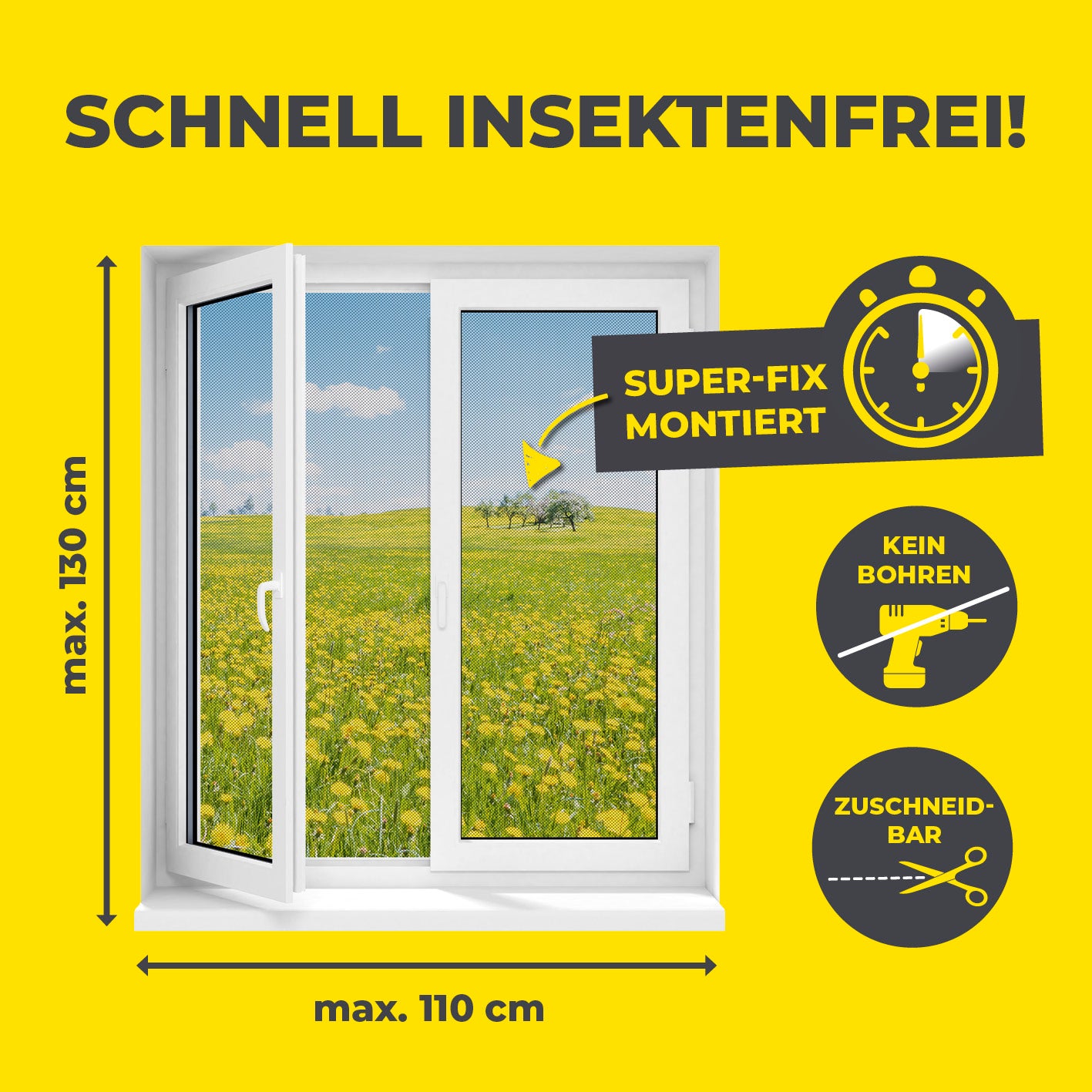 Insektenschutzgitter mit Magnetbefestigung - 2er-Set - 110 x 130 cm - Schwarz, schnell montiert ohne Bohren, zuschneidbar.