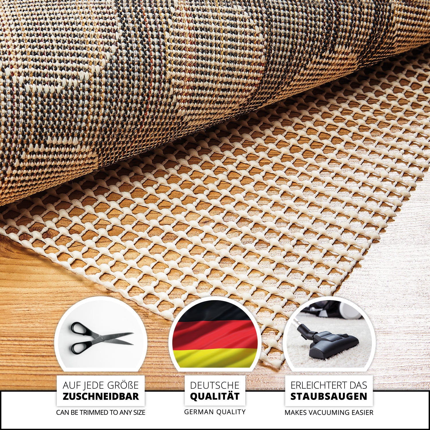 Teppichunterlage Antirutschmatte 120 x 180 cm - Zuschneidbar & Atmungsaktiv, formstabil und rutschfest für glatte Böden.