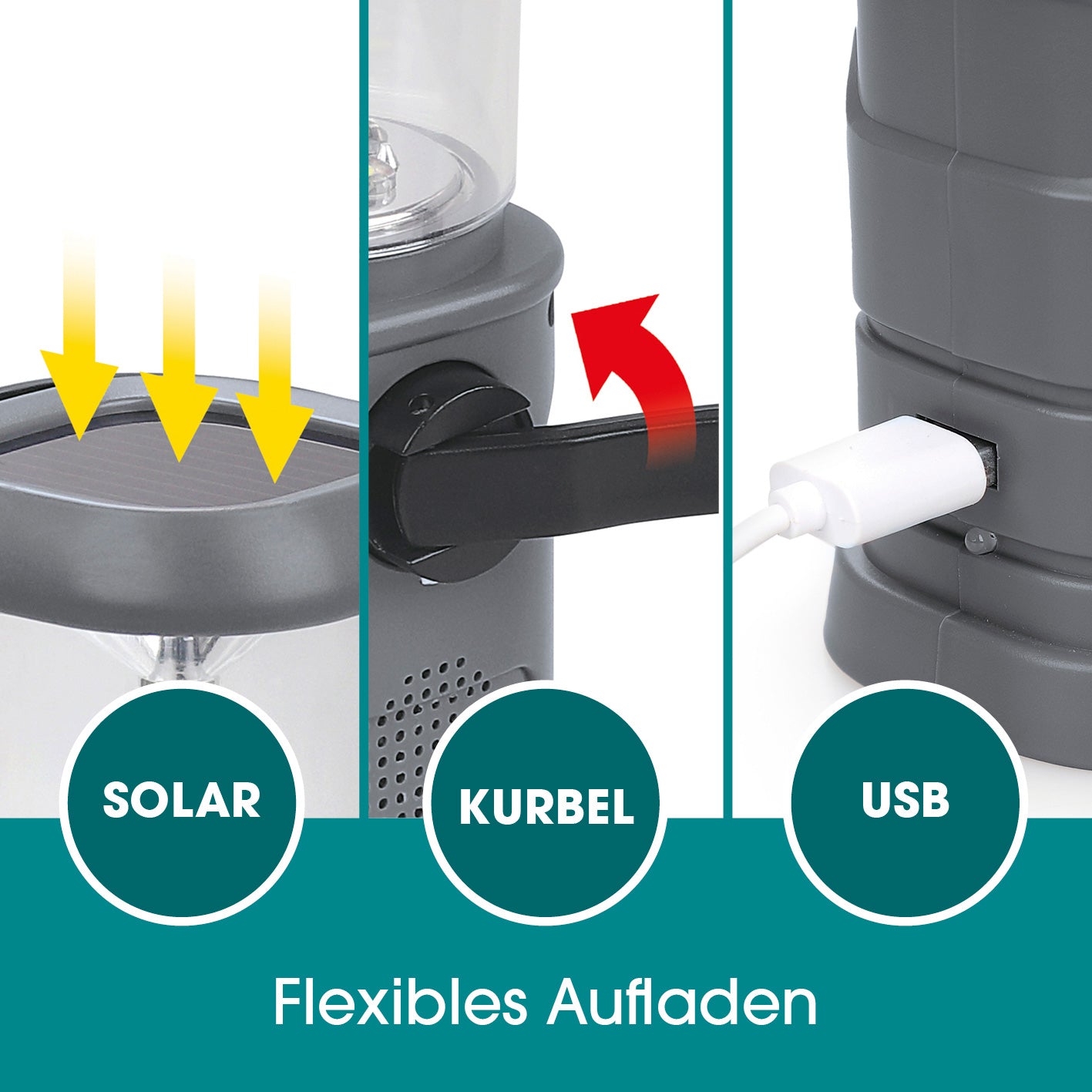 Akku-Lampe mit Radio - Lädt über Solar, Kurbel und USB für flexible Energieversorgung ohne Batterien.