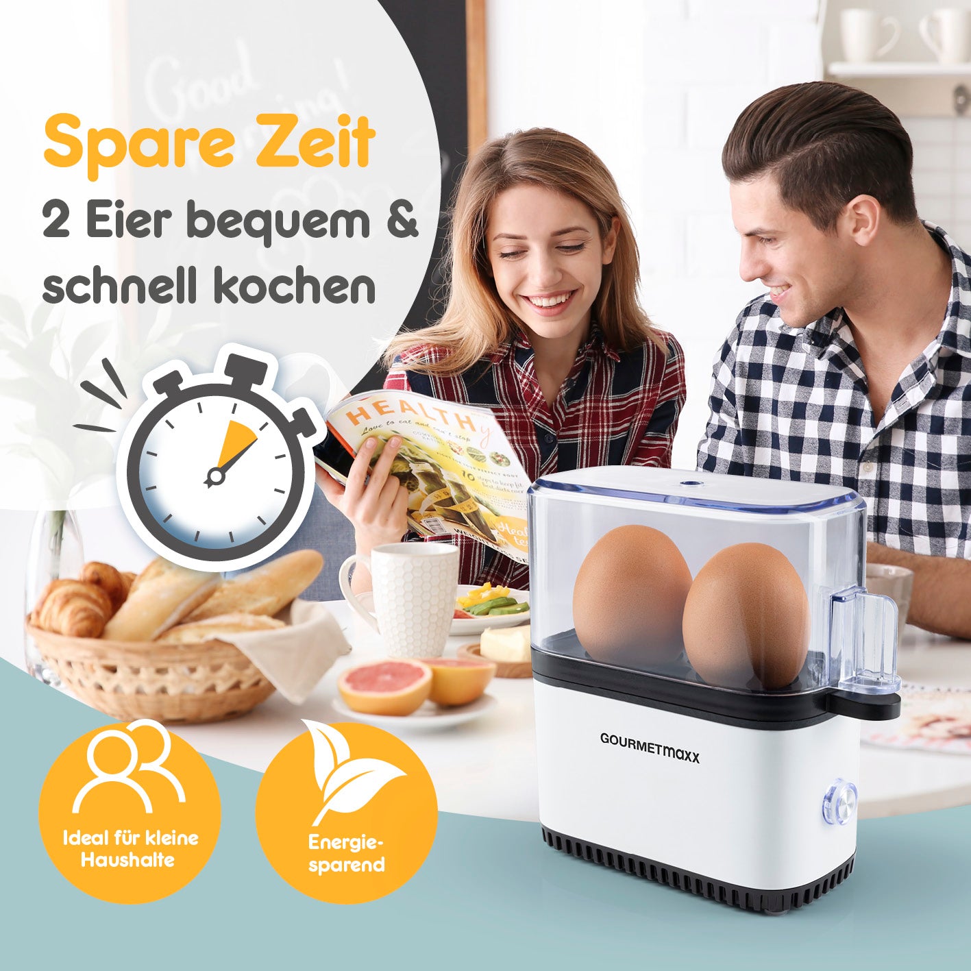 Design-Eierkocher 2 Eier - Weiß zeigt zwei Eier im Eierkocher, ideal für kleine Haushalte und energiesparendes Kochen.