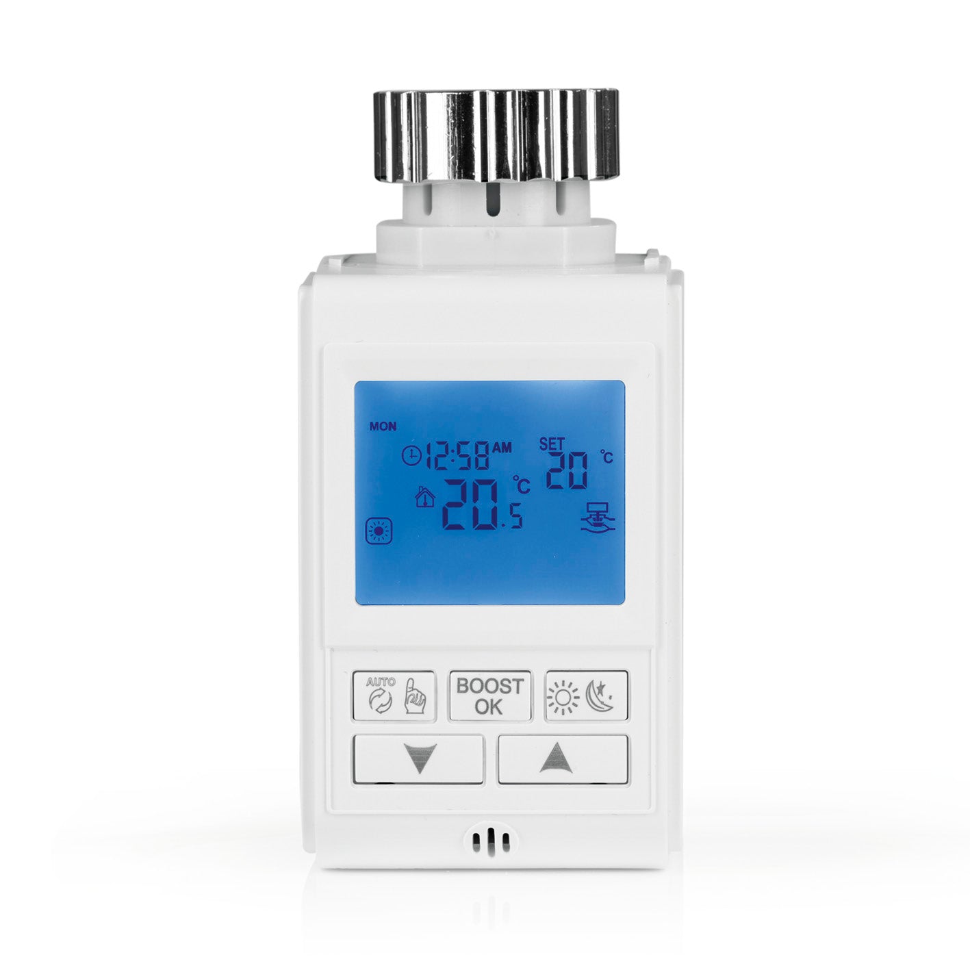 Heizkörperthermostat Digital mit beleuchtetem Display, programmierbar ohne App, Energiesparfunktion und Boost-Modus für genaues Heizen.