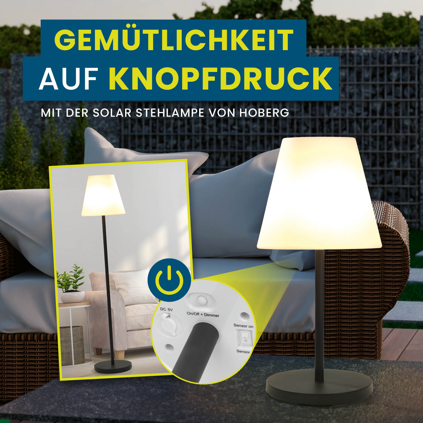 Solar-Stehlampe - 3-fach höhenverstellbar - 3 Helligkeitsstufen mit kabellosem Betrieb und warmweißem Licht für Innen und Außenbereich