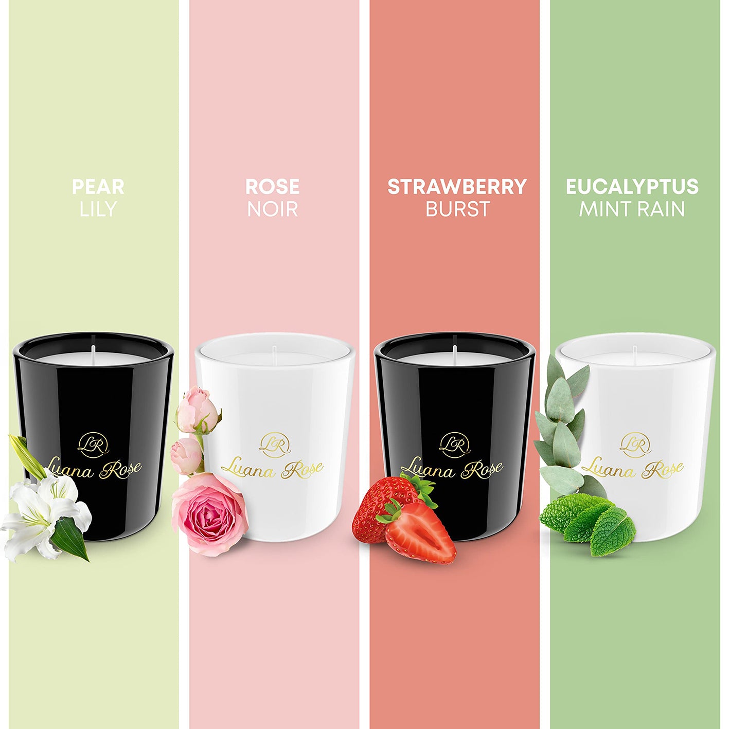 Duftkerzen Geschenkset - 4er-Set Birne, Lilie, Eucalyptus & Erdbeere mit naturreinen ätherischen Ölen, 100% Sojawachs, 40 Std. Brenndauer.