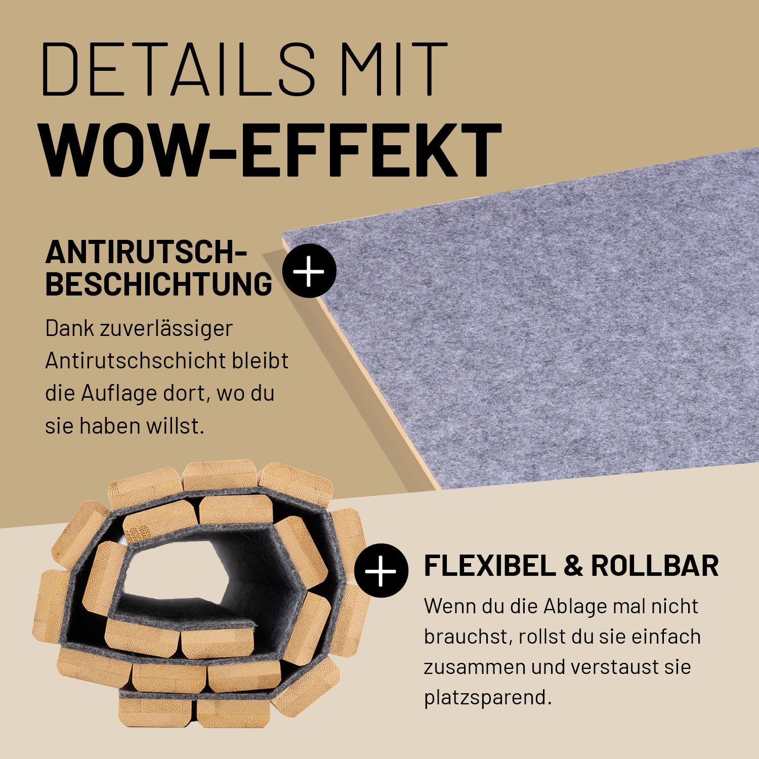 Bambusauflage für Modular-Hocker 54 x 50 x 1 cm mit Antirutschbeschichtung, flexibel, rollbar und platzsparend verstaubar.