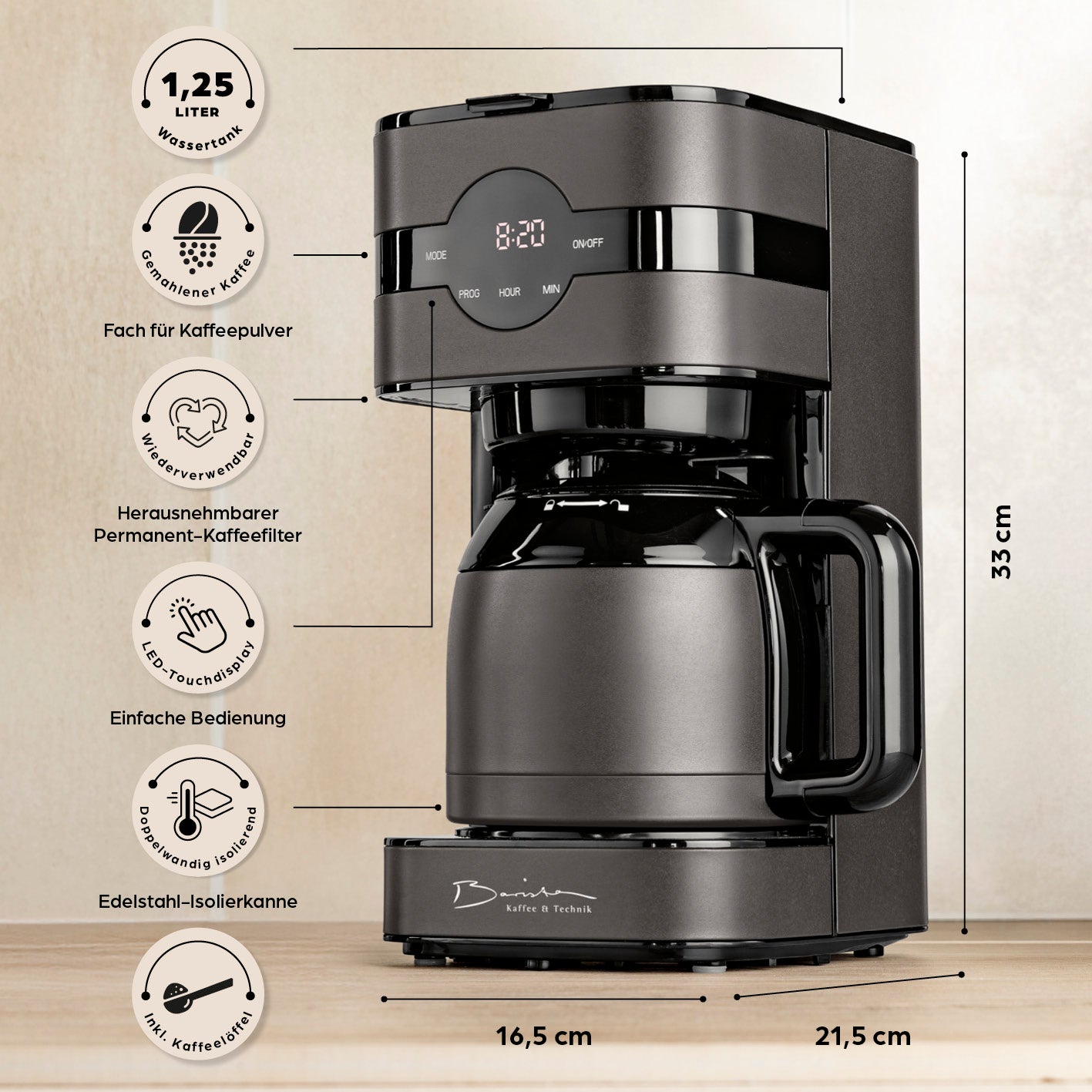 Filterkaffeemaschine Touch Iso - Grau mit Edelstahl-Isolierkanne, Timerfunktion, Touchdisplay und Permanentfilter, 1,25 l Wassertank.