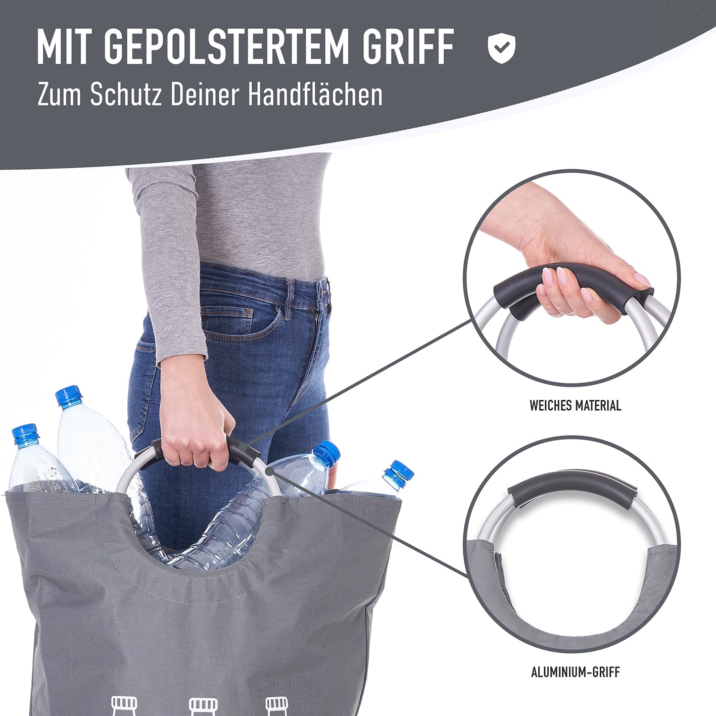 Faltbarer Pfandflaschen Sammelbehälter - Grau mit gepolstertem Aluminiumgriff und großem Fassungsvermögen für Flaschen und Dosen.