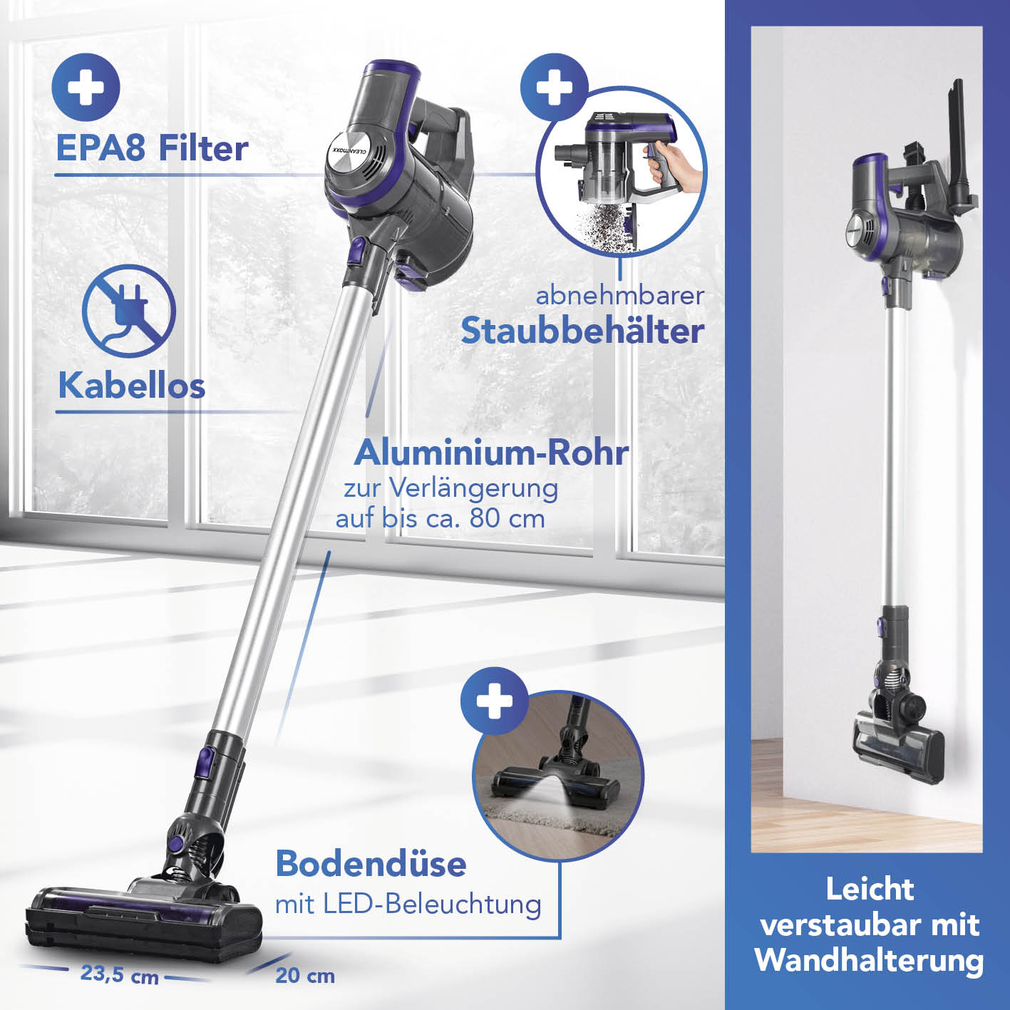 Akku-Zyklon-Staubsauger anthrazit/lila mit kabellosem Handstaubsauger, LED-Bodendüse, abnehmbarem Staubbehälter und Wandhalterung.