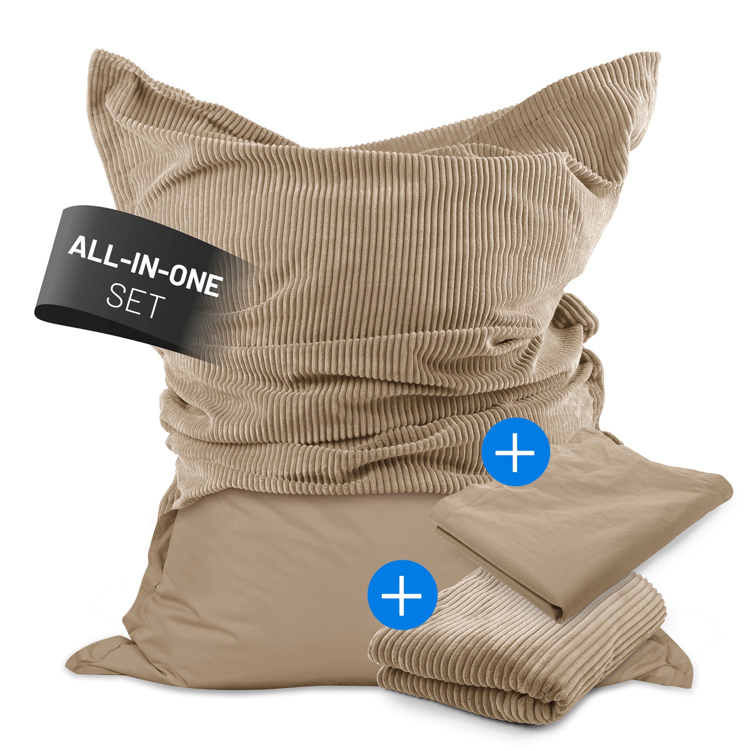 Sitzsack Classic XXL All-in-One Set beige mit 380 L Füllung, Indoor Cord- und wetterfester Outdoor-Hülle, 140 x 180 cm groß