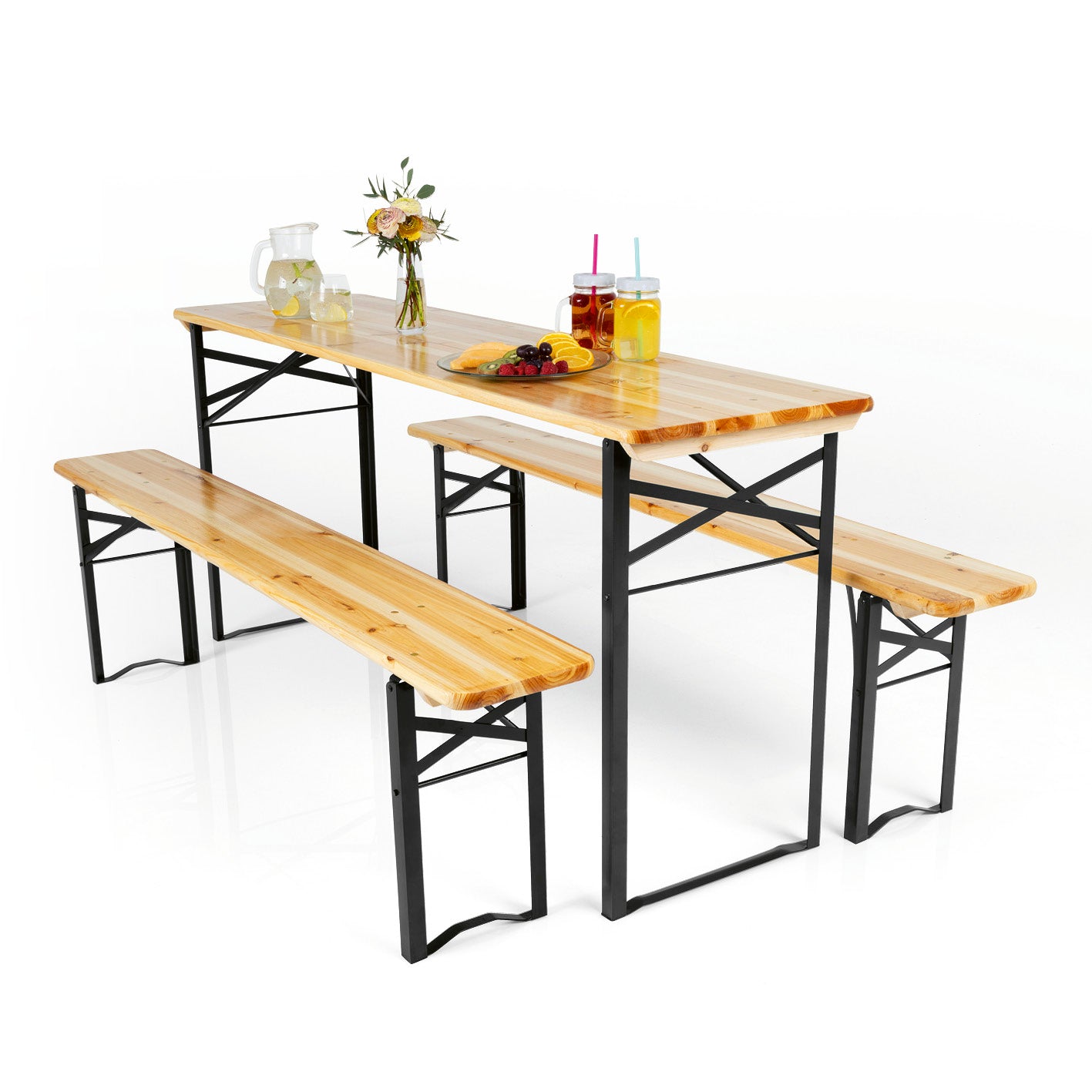 Bierzeltgarnitur Set (1 Tisch mit 2 Sitzbänken) 170 cm, Holzfarbe mit schwarzem Stahlgestell, wetterfest und einfach aufgebaut.