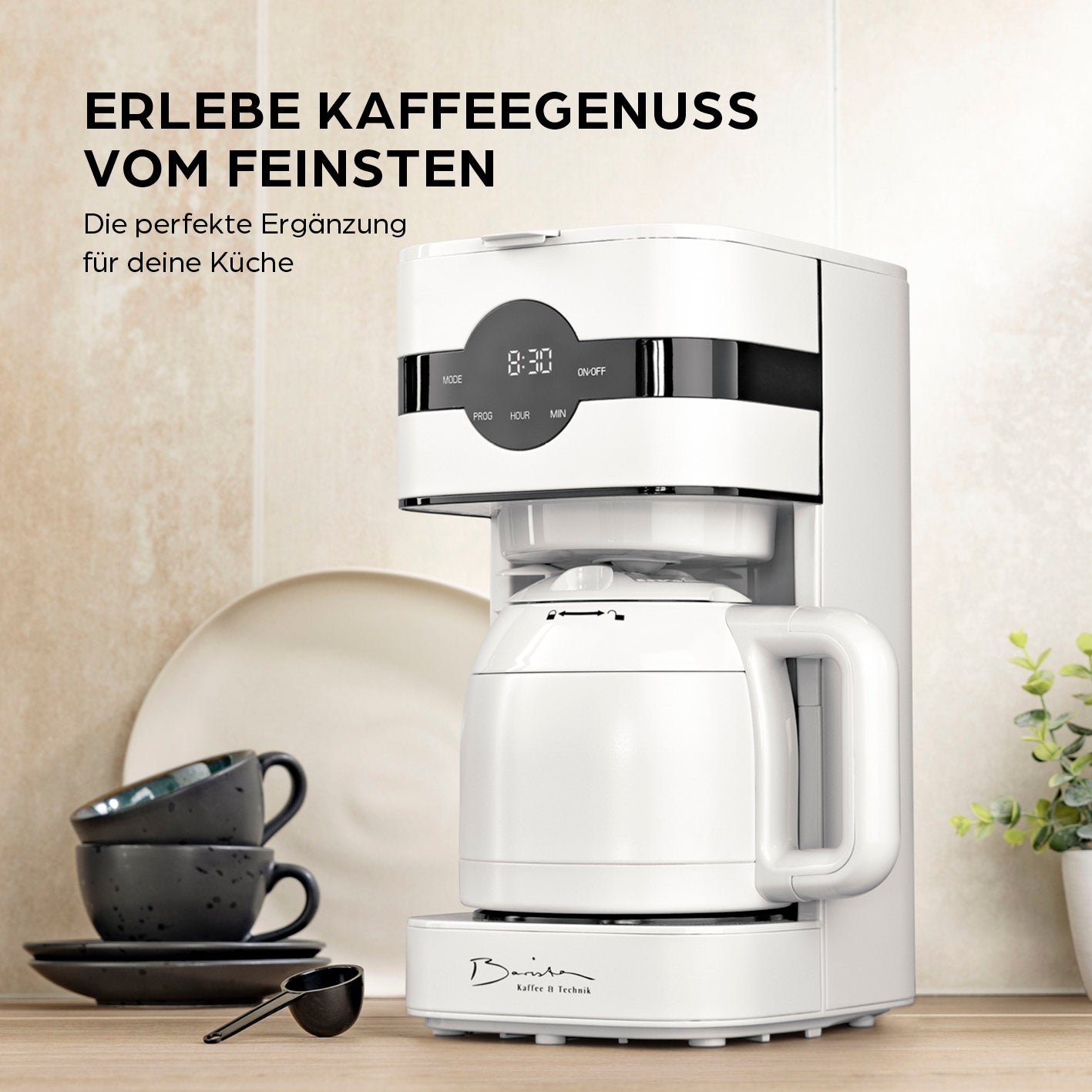 Filterkaffeemaschine Touch Iso - weiß mit Timer, LED-Touchdisplay und doppelwandiger Edelstahl-Isolierkanne für bis zu 8 Tassen.