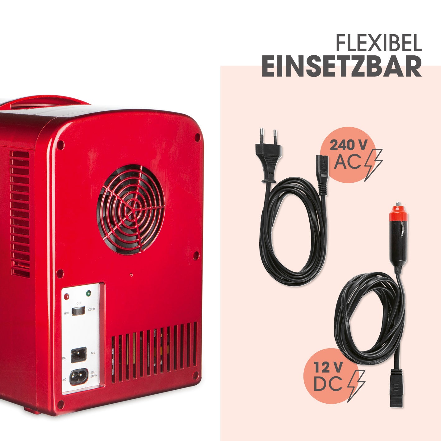 Mini-Kühlschrank Retro 45W - Rot mit 240V Netz- und 12V Kfz-Anschlusskabel, ideal für flexiblen Einsatz unterwegs.