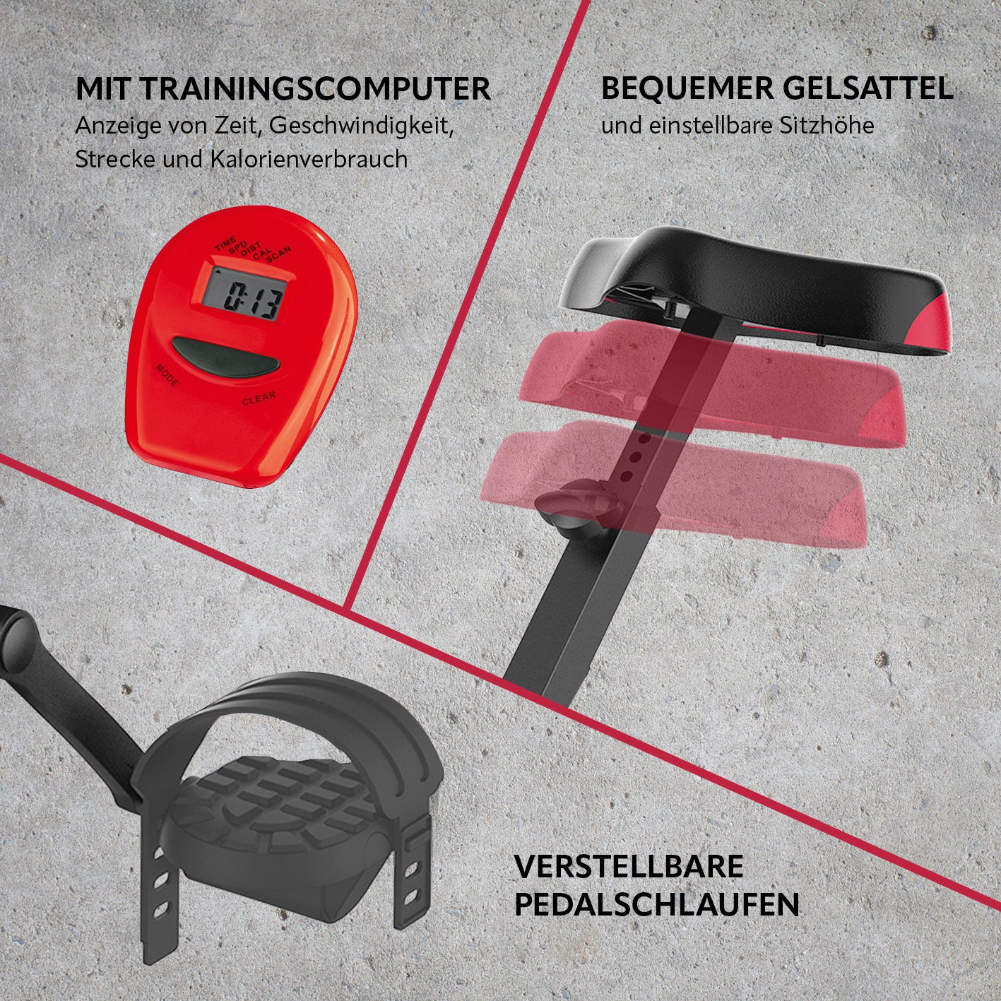 Heimtrainer Fitness Bike mit Expanderbänder, Trainingscomputer, bequemer Gelsattel und verstellbare Pedalschlaufen für effektives Training.