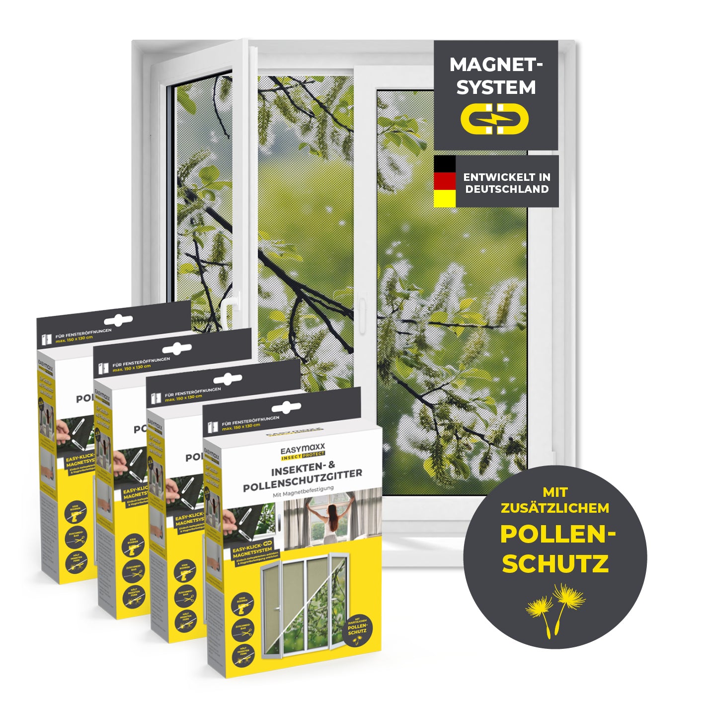 Insekten- & Pollenschutzgitter mit Magnetbefestigung - 4er-Set für fliegenden Insektenschutz und Pollenschutz, einfache Montage ohne Bohren.