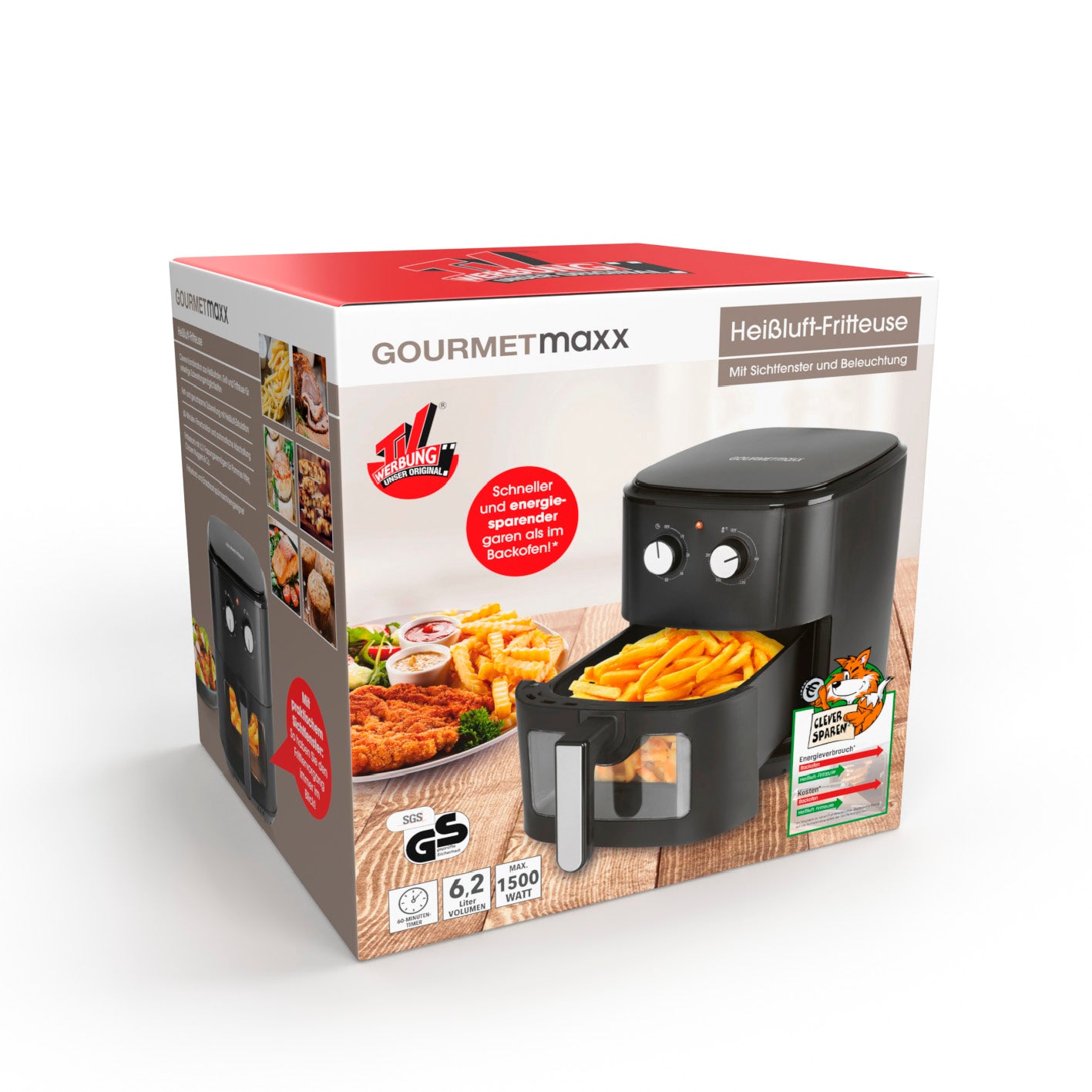 Heißluft-Fritteuse mit Sichtfenster - Füllmenge 6,2 l - schwarz, vielseitig für fettarmes Frittieren und Grillen mit Timerfunktion.