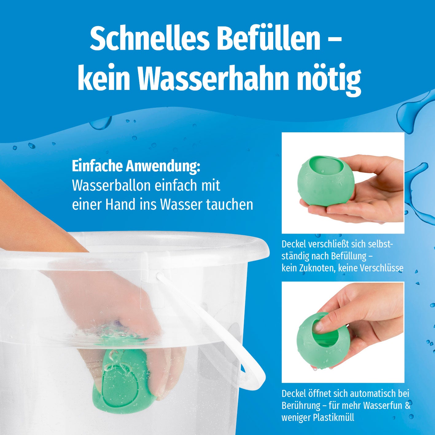 Silikon-Wasserballon - 12er-Set zeigt einfaches Befüllen durch Eintauchen ins Wasser ohne Wasserhahn, selbstschließender Verschluss, wiederverwendbar.