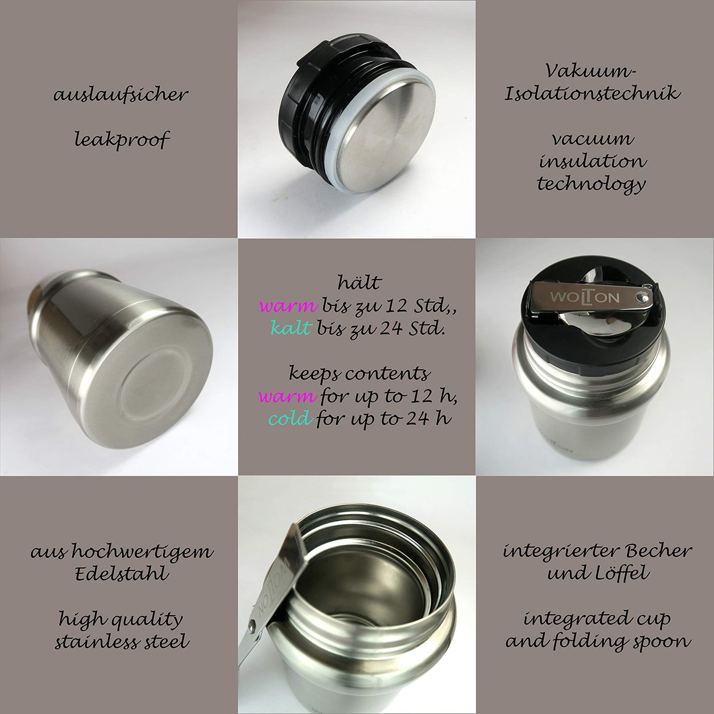 Thermobehälter - 450 ml - Edelstahl - Grau mit doppelwandiger Isolierung, auslaufsicher, integriertem Löffel und Deckel als Schüssel.