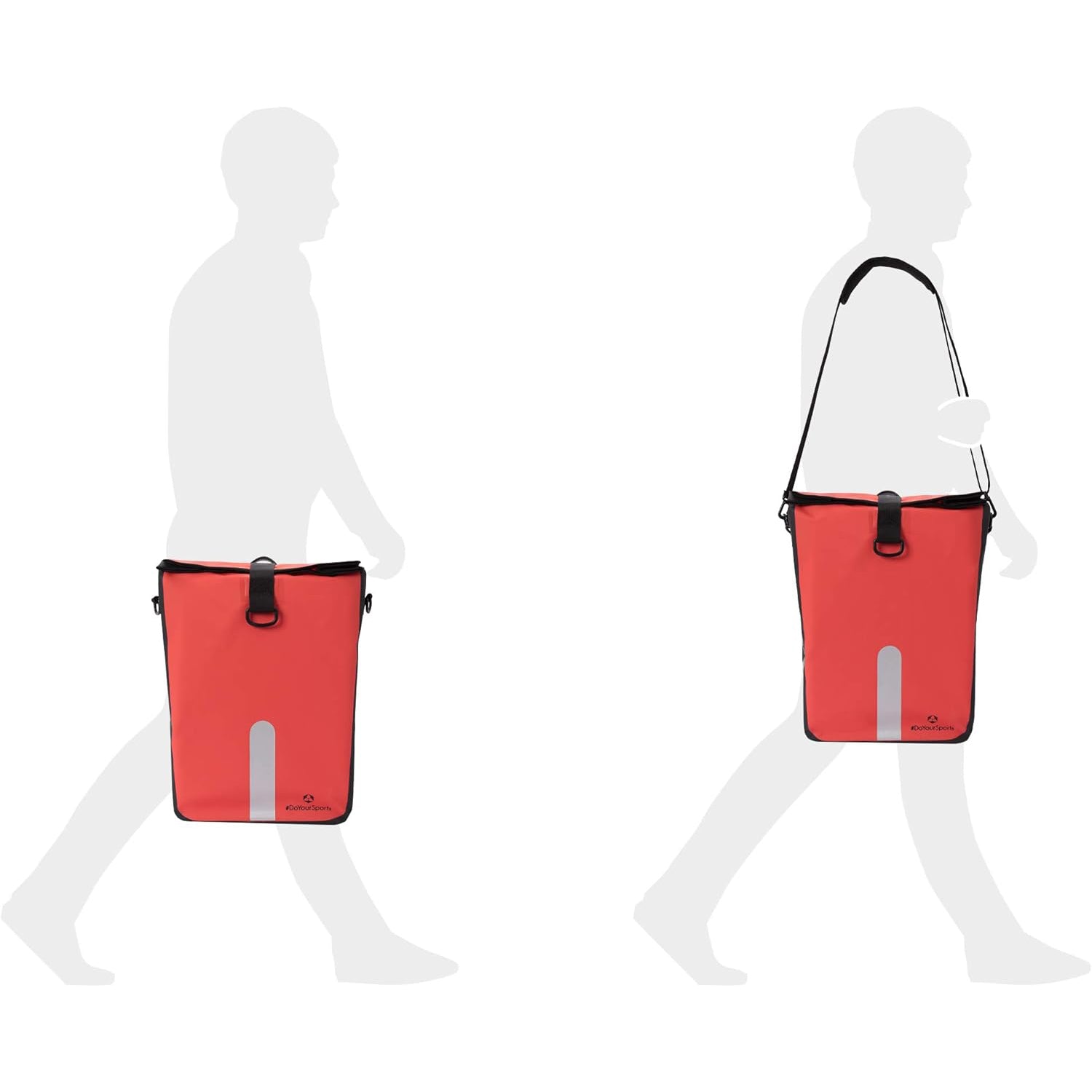 Wasserdichte Fahrradtasche Roll-Top - 21 L - Rot als Umhänge- und Tragetasche mit reflektierendem Streifen und praktischem Verschluss.