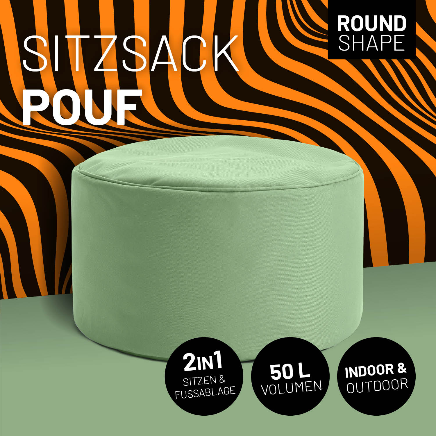 Sitzsack-Hocker/Pouf (50 L) - indoor & outdoor - Pastell Grün, leichter, vielseitiger Sitzhocker mit runder Form und pflegeleichtem Material.