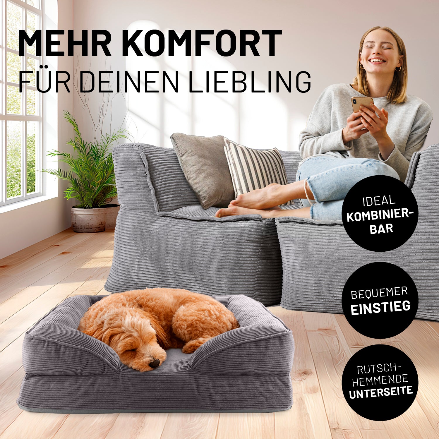 Komfort-Hundebett aus der LUMALAND Cord-Reihe - Gr. S - 70 x 60 cm - Grau mit weichem Cordbezug und rutschhemmender Unterseite.
