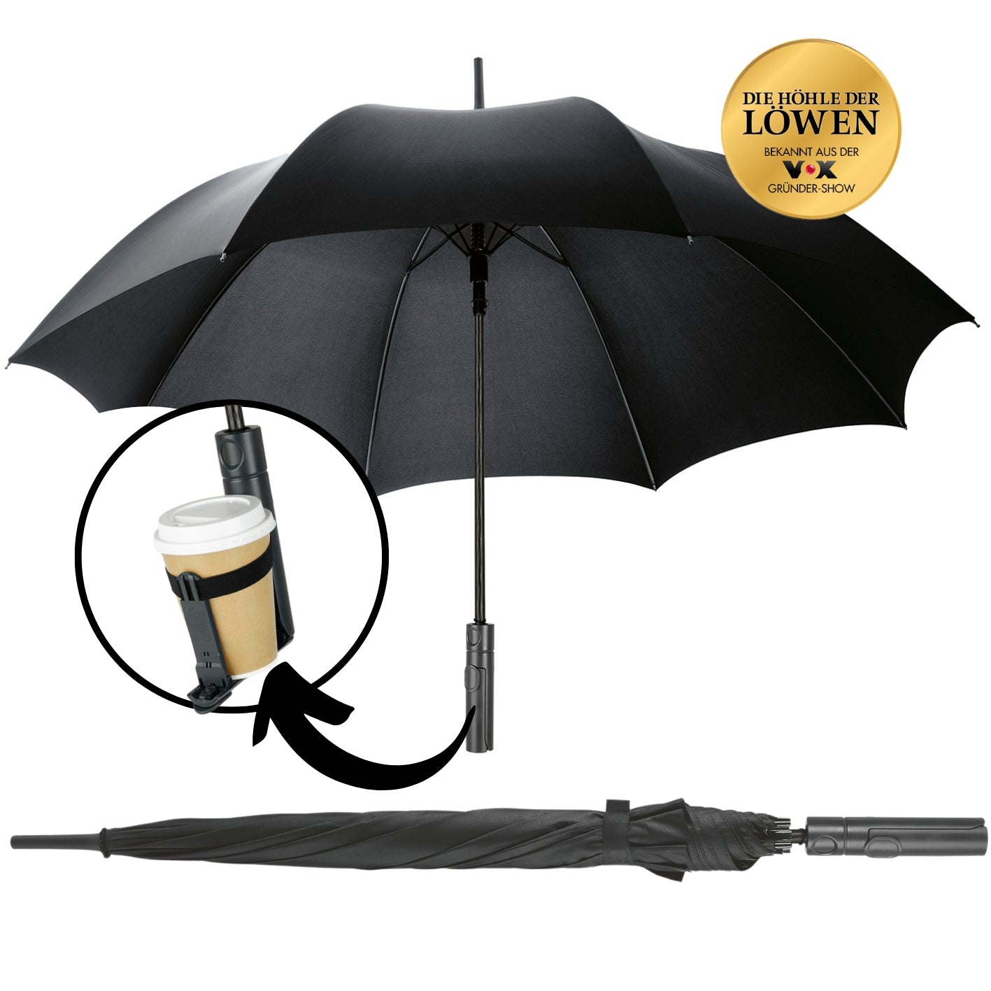 Regenschirm mit Getränkehalter - 2er-Set, schwarz mit integriertem Halter für 0,3-0,5L Gefäße, sturmfest, automatisches Öffnen