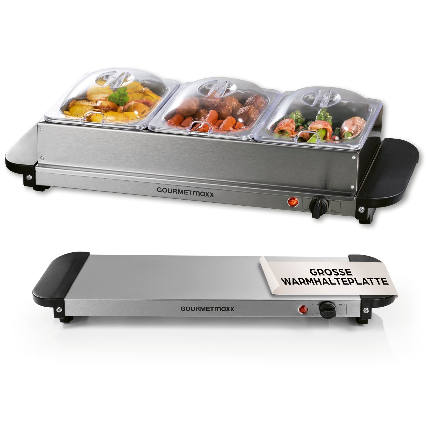Buffetwärmer – 3 × 1,5 l aus Edelstahl mit drei Warmhalteschalen und stufenlos regelbarer Temperatur bis 80°C.