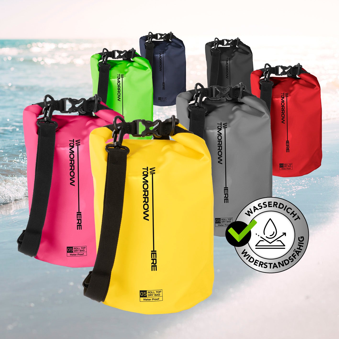 Dry Bag 5L - Style 02 - Gelb, wasserdichter Outdoor-Rucksack mit Rolltop, verstellbarem Schultergurt, ideal für Wasseraktivitäten.