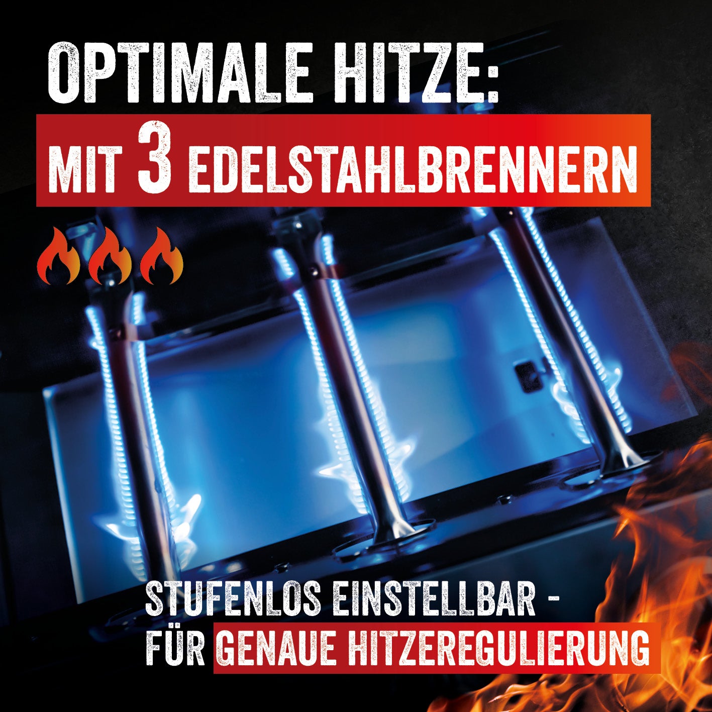 Triton 3.1 maxX Gasgrill mit Infrarotseitenbrenner, 3 stufenlos einstellbare Edelstahlbrenner für präzise Hitze.