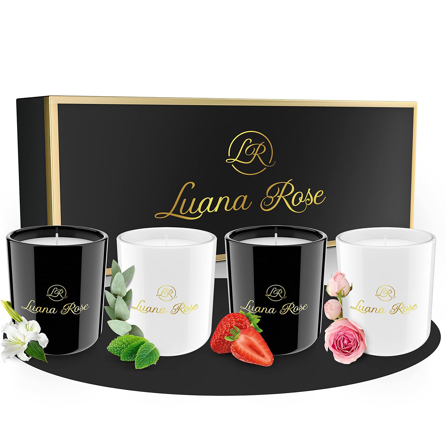 Duftkerzen Geschenkset - 4er-Set mit Birne, Lilie, Eucalyptus & Erdbeere für entspannende Atmosphäre aus 100% Sojawachs.