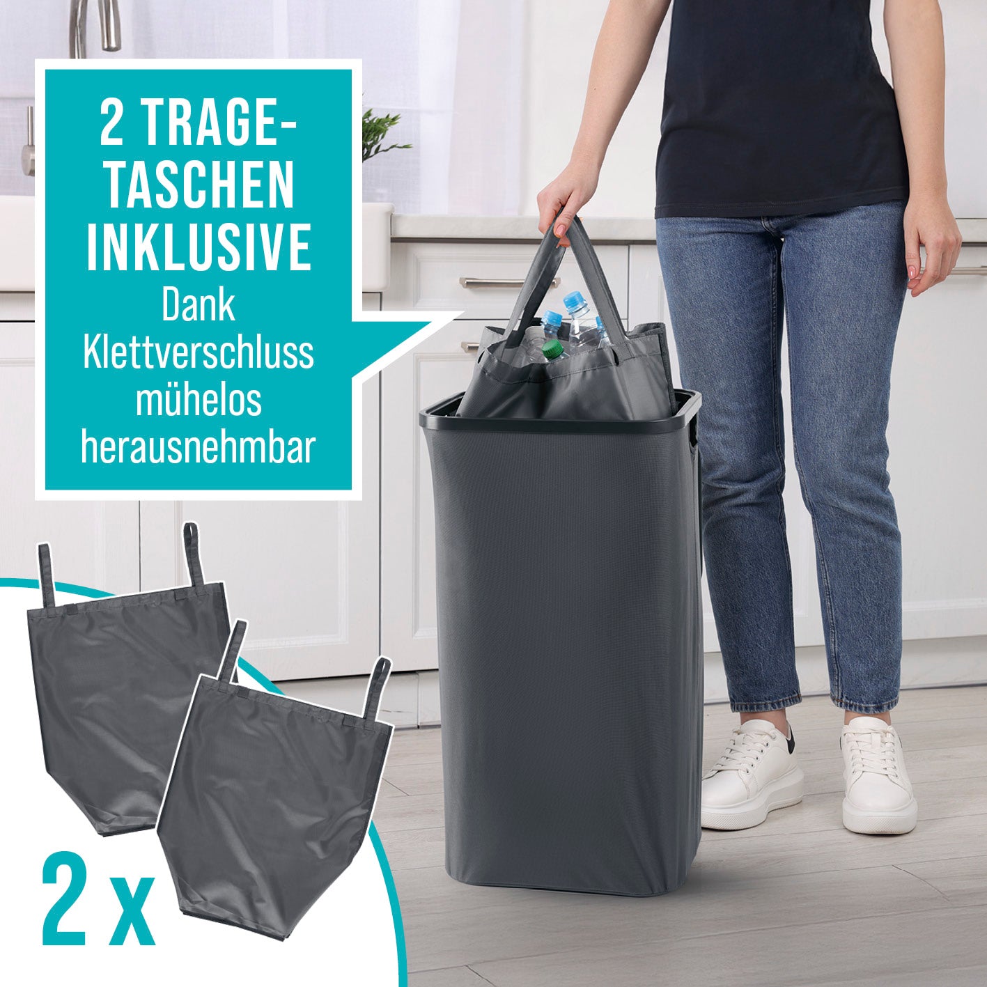 Pfandflaschen-Sammelbehälter - Anthrazit mit 2 abnehmbaren Tragetaschen für einfache Entnahme und platzsparendes Verstauen.