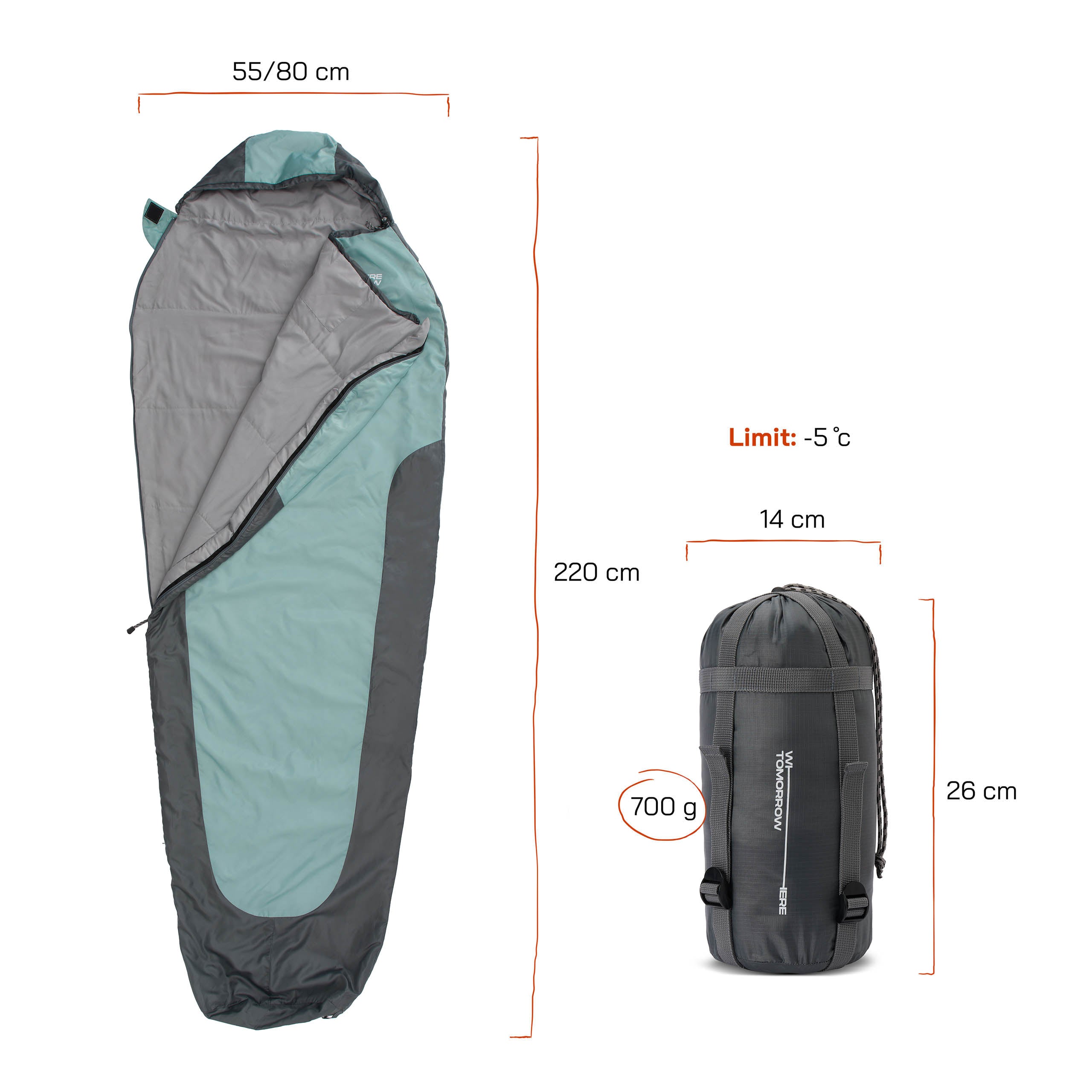 Schlafsack Small & Light - Mumienschlafsack hellblau-grau 220x80x50 cm, wasserabweisend, mit Packsack, bis -5°C geeignet.