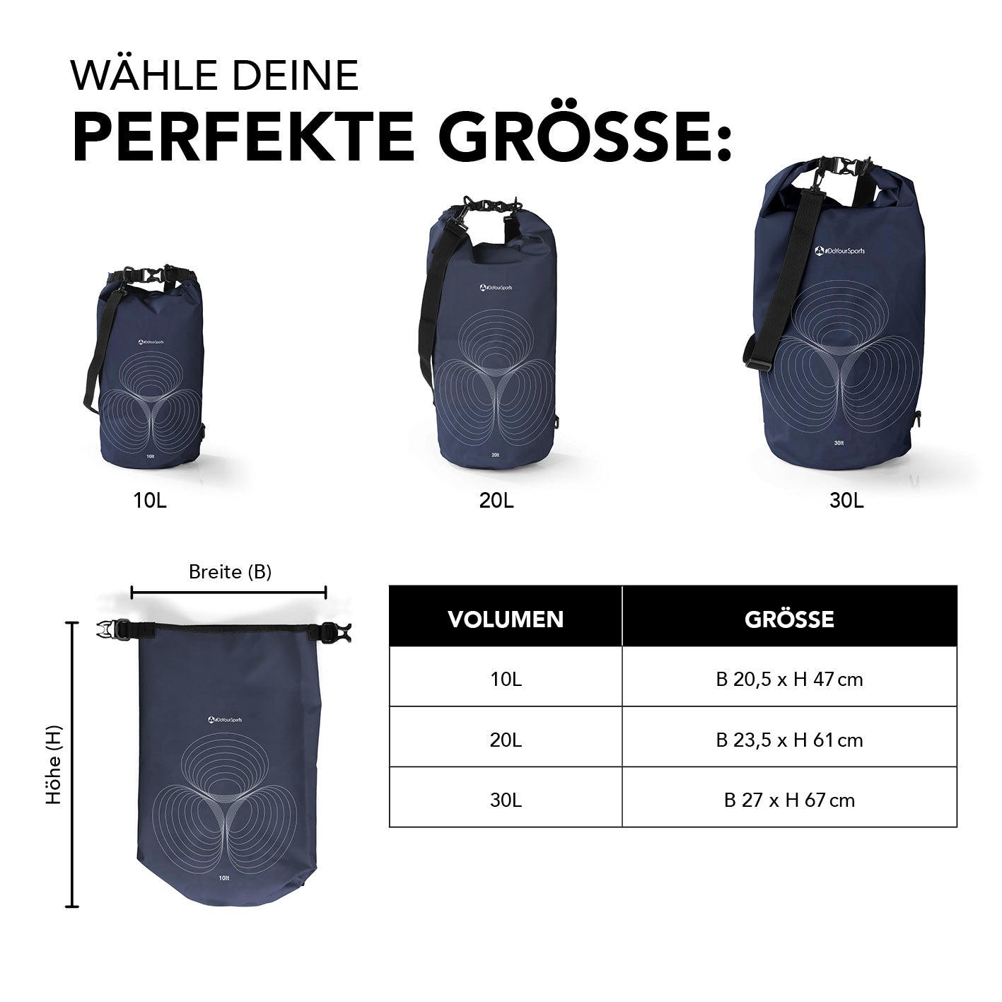 Dry Bag 10L - Dunkelblau mit wasserdichtem Rolltop, verstellbarem Schultergurt und robusten Schnallen für Outdoor-Abenteuer.