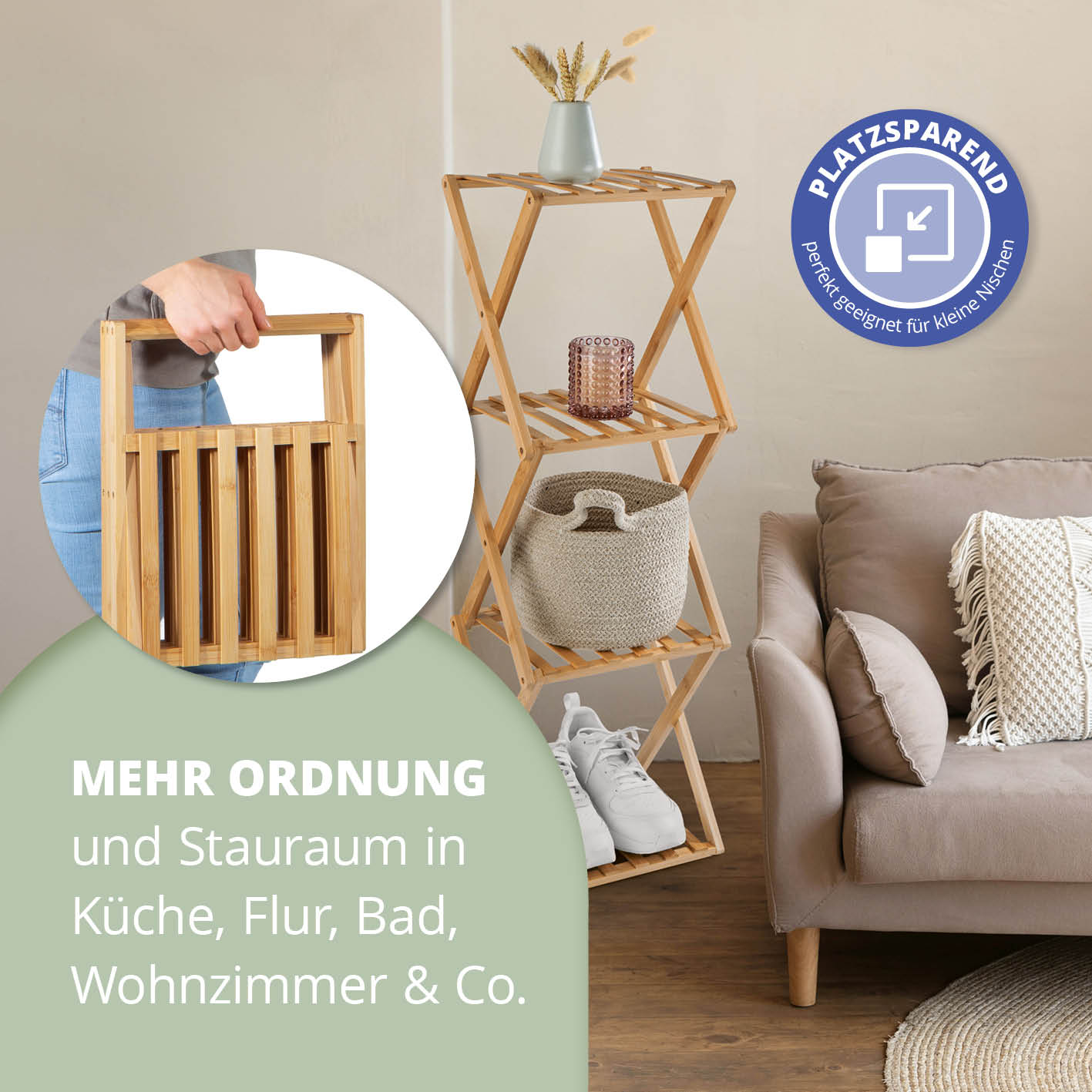 Bambusregal mit 4 Etagen, faltbar, leicht und platzsparend, ideal für Bad, Küche, Flur und Wohnzimmer.