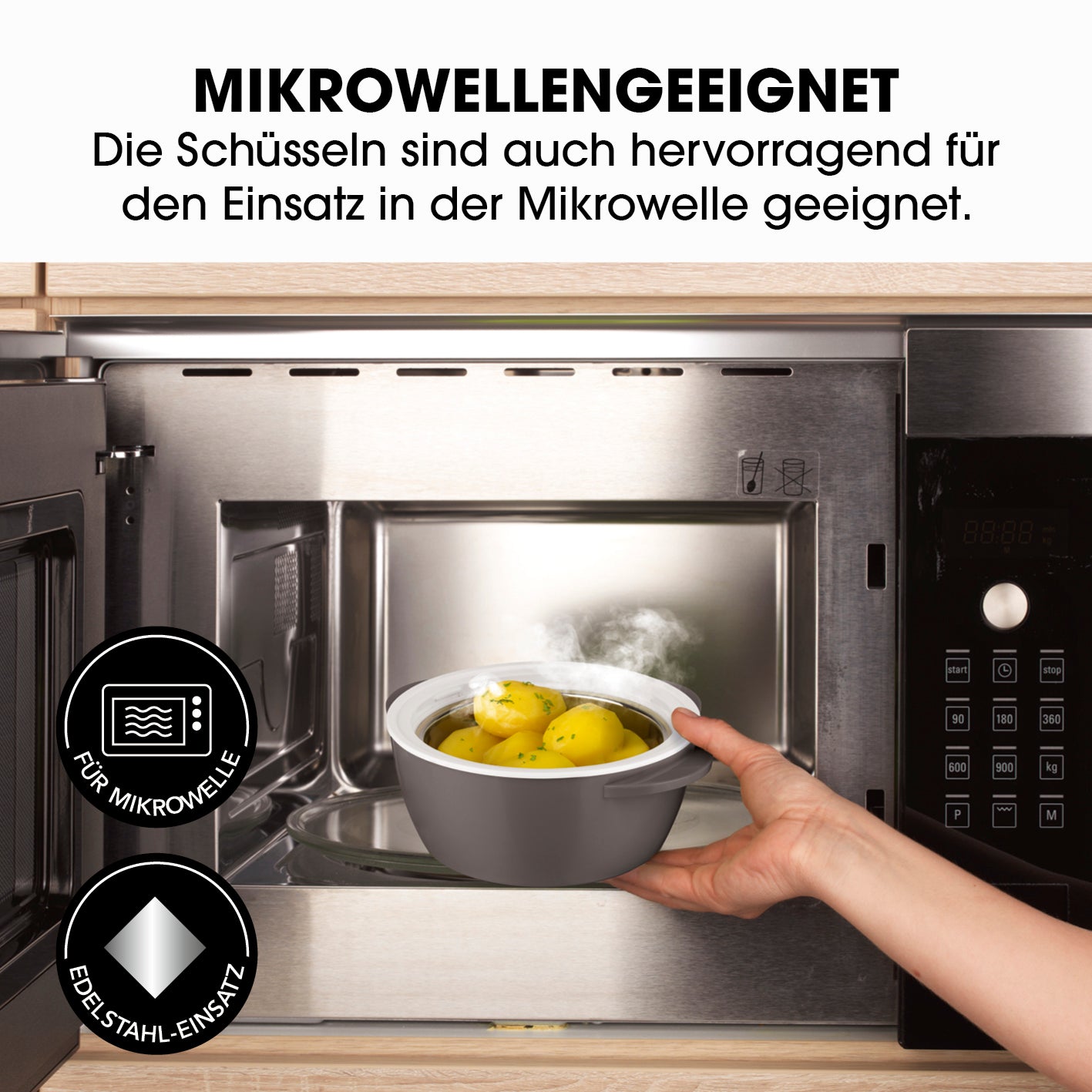 Thermo-Schüssel Mikrowelle - 1400 ml grau/weiß mit Edelstahleinsatz, mikrowellengeeignet, hält Speisen warm oder kalt bis zu 5 Stunden.